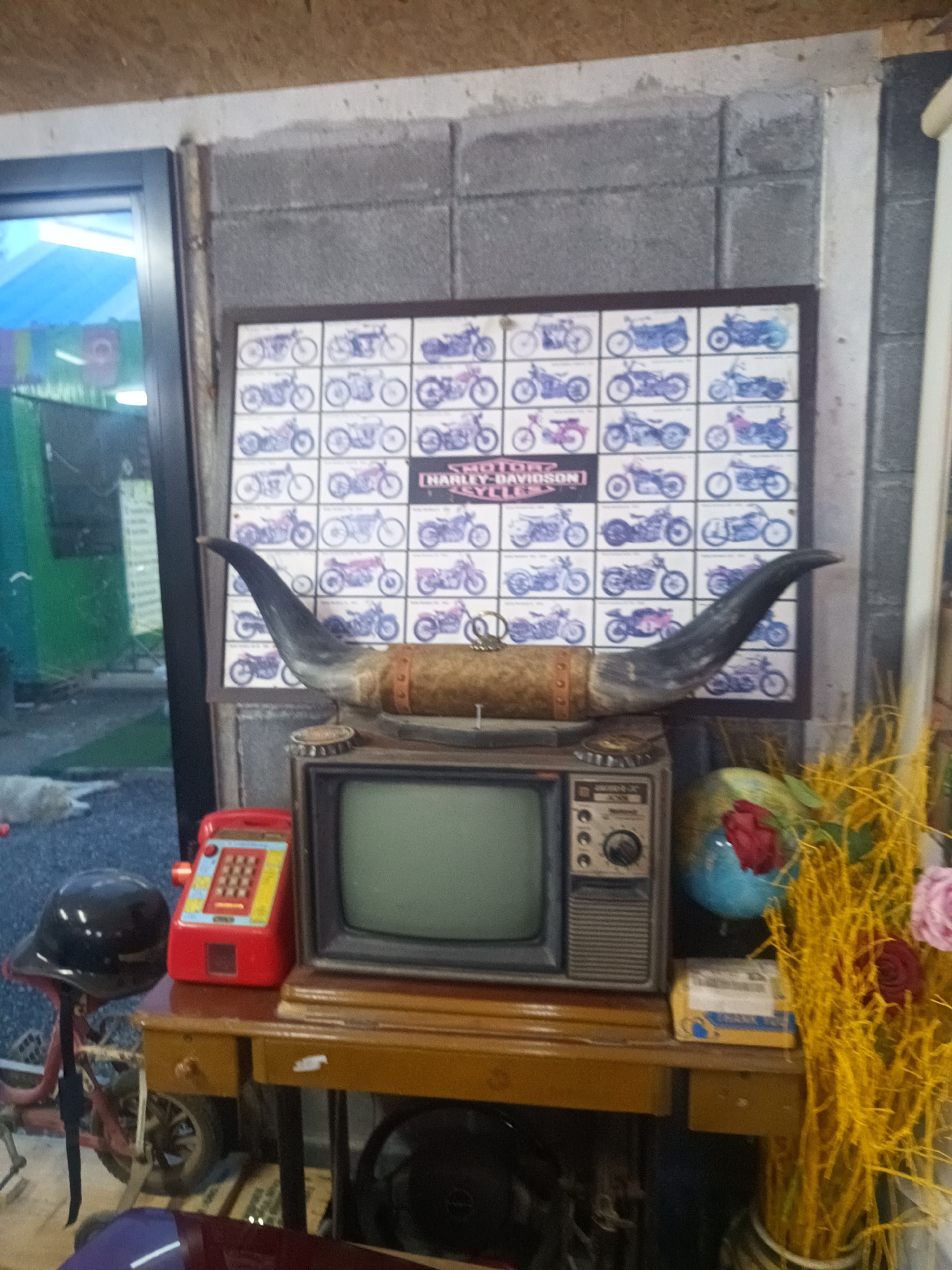 The image presents a cluttered indoor scene, likely in Surat Thani City Municipality, Thailand. An old, wood-framed television sits on a brown wooden table, serving as a platform for a set of bull horns. Behind the television hangs a framed poster showcasing various Harley-Davidson motorcycle models. To the left of the television, there is a red toy telephone, and a black helmet. To the right, there is a globe, and a vase full of yellow foliage. The background includes a grey brick wall, and a glimpse of the outside through a glass door.