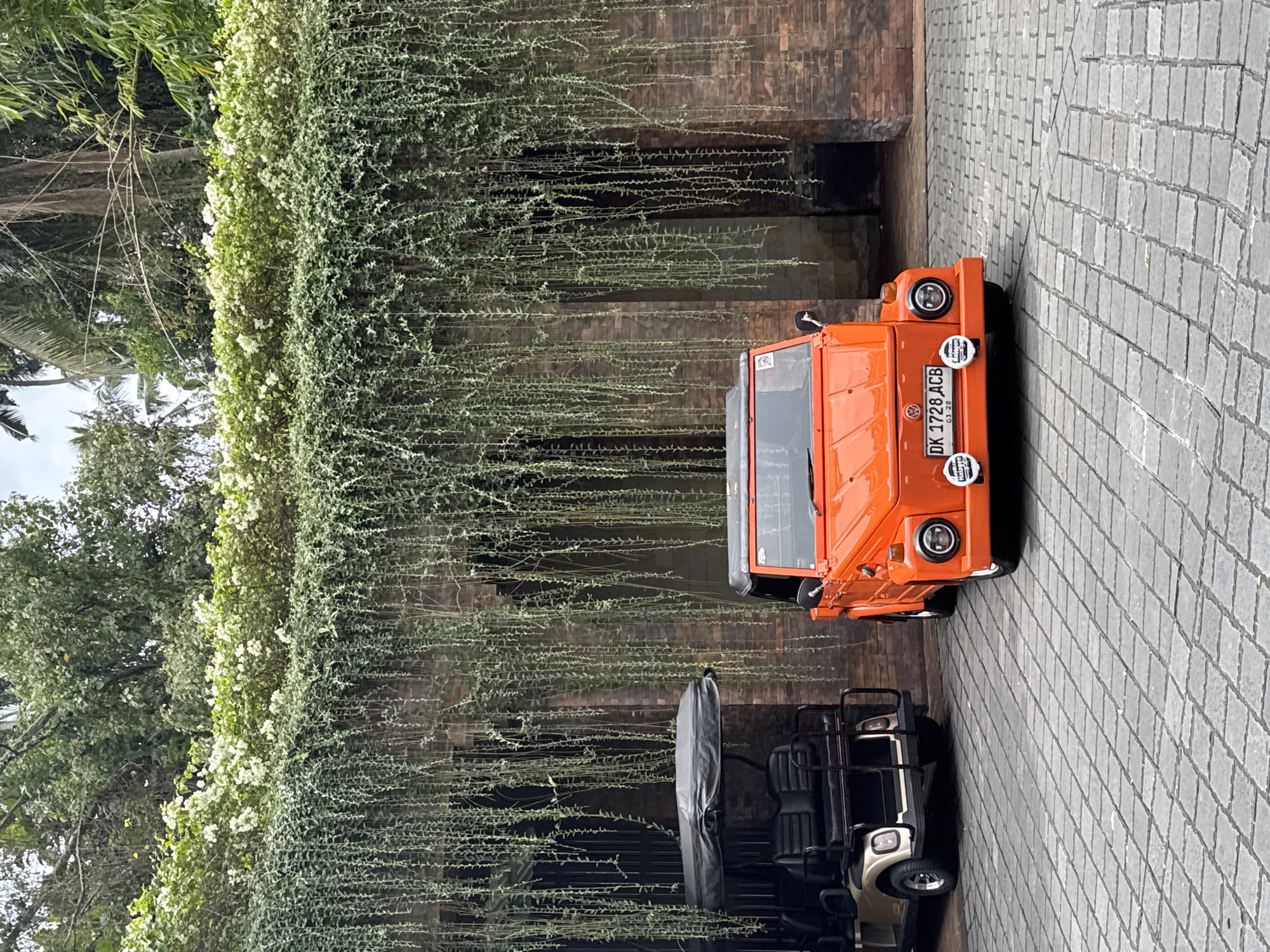 An orange open-top vintage Volkswagen Thing car is parked on a stone-paved courtyard in front of a brick building with a lush green overhang of hanging vines. To the left of the orange car, a two-seater golf cart with a black cover is parked. The scene appears to be in a tropical environment, possibly a resort or a private residence, given the abundant greenery and tropical foliage visible in the background. The car has a license plate reading "DK 1728 ACB".