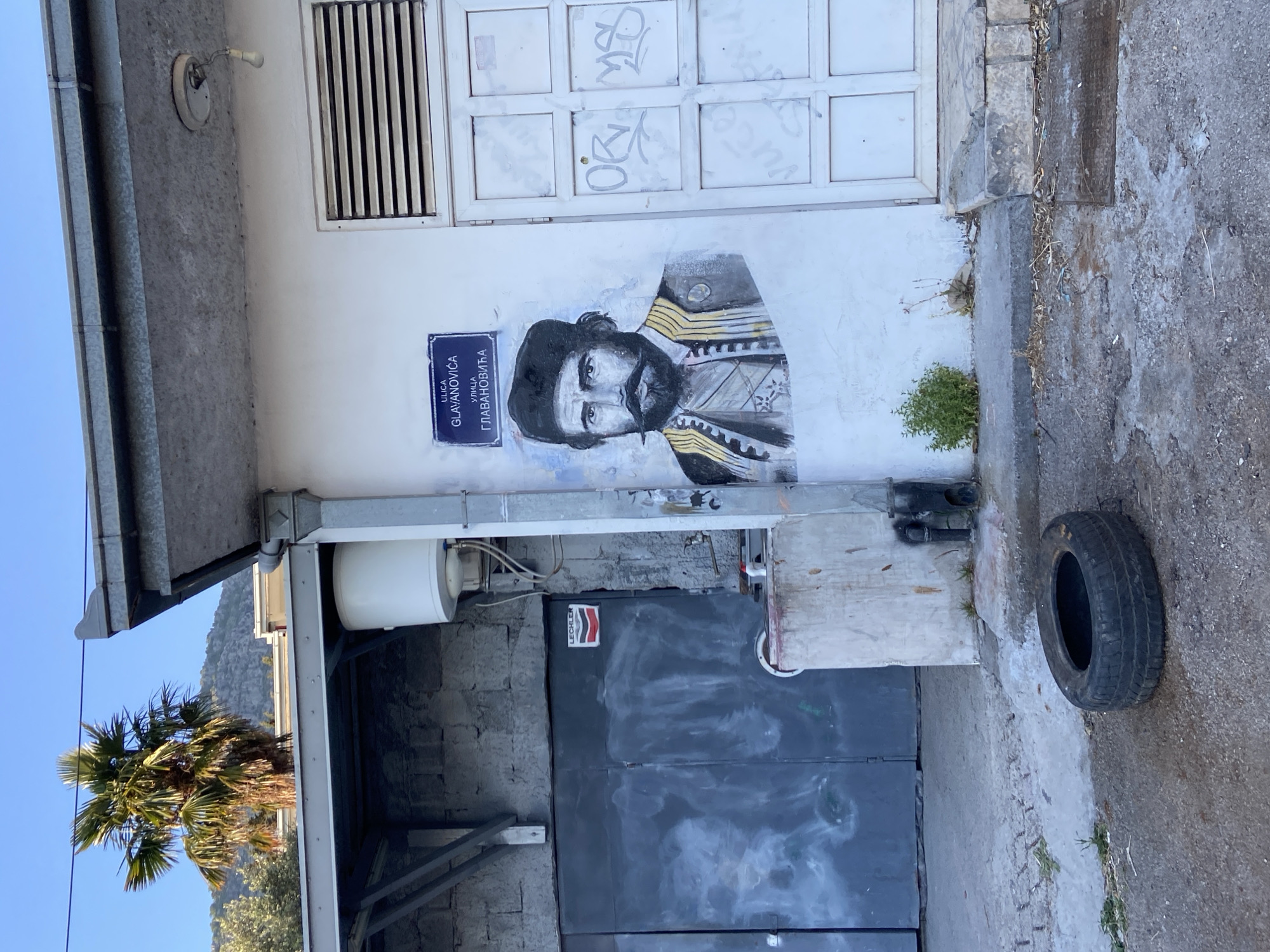 This vertical shot captures an outdoor urban scene in Bar, Montenegro, focusing on a white building wall featuring street art. The central element is a monochrome mural of a man with a dark, full beard and prominent mustache, depicted wearing a military-style uniform adorned with gold braiding and medals or insignia. He has a stern, serious expression.
To the left of the mural, a blue rectangular street sign is mounted, displaying "ULICA GLAVANOVIĆA" in Latin script and "УЛИЦА ГЛАВАНОВИЋА" in Cyrillic script, indicating "Glavanovića Street." Above the mural, a white section of the wall includes a ventilation grate and faint, faded graffiti, such as "OR." A simple light fixture is visible higher up on the wall.
Below the mural, there are large, dark grey or black double doors, likely for a garage or storage, with a red and white "LECHLER" logo on one. Above these doors, various pipes and conduits run horizontally, and a white cylindrical object, possibly a water heater or storage tank, is attached to the wall.
The ground in the foreground is concrete, with a small green bush growing against the wall's base and a discarded tire lying on its side. A metal gutter and downspout system are visible along the left edge of the building. In the background, under a clear blue sky, parts of a large, rocky mountain range and the fronds of a palm tree are visible, suggesting a sunny, warm climate. The entire scene is brightly lit by daylight.