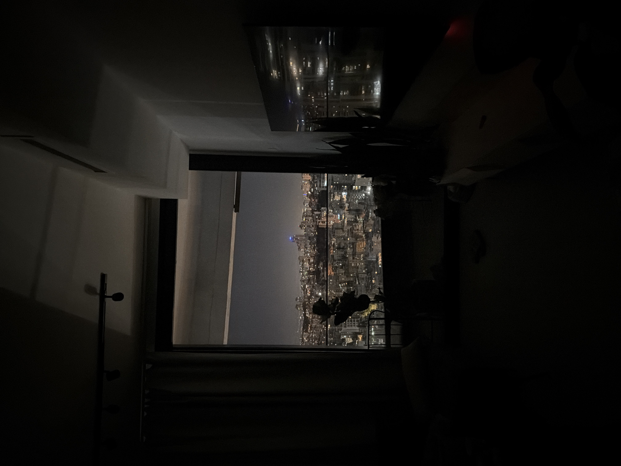 The image displays an underexposed, dark interior room at night, captured with a 90-degree clockwise rotation. From the room, a large window reveals a sprawling city illuminated by countless lights against a dark sky.
In the interior, visible predominantly in the top half of the rotated image, is a very dark ceiling area featuring a strong reflection of the city lights, possibly from a large screen, television, or a reflective surface. Towards the far left of the frame, a faint outline of a tall, slender floor lamp or coat rack with two discernible knobs stands against an equally dark wall. A dark silhouette of a potted plant is positioned in the bottom-center of the frame, partially obscuring the city view from the window. The room's architecture and furnishings are largely indistinguishable due to the extreme lack of light, but some faint lines suggest modern design.
The window, occupying the bottom half of the rotated image, showcases a dense urban landscape of Tel-Aviv, Israel, with myriad buildings glowing with internal lights. A distinct, bright blue light is noticeable in the distant cityscape, suggesting a prominent landmark. The sky beyond the city is dark gray, indicating nighttime.
No people are visible, and no specific activity or event is taking place; it is a static night scene. The time of day is clearly night, characterized by the dark room and the illuminated urban environment. The overall mood is quiet and still. There is no visible text.