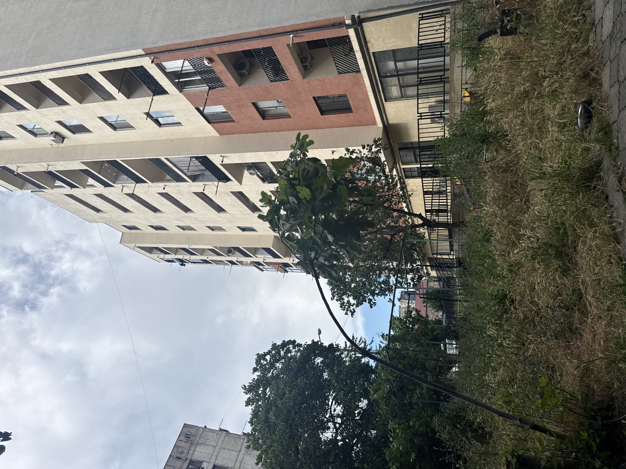 A low-angle, eye-level, full shot captures an overcast day in an urban environment, likely Tbilisi, Georgia. The frame is dominated by a tall, modern apartment building on the right, its beige and red brick facade adorned with numerous balconies featuring black railings. Several air conditioning units are visible on the building's exterior. To the left, another, older, grey concrete building rises, appearing partially obscured by lush green trees. In the foreground, an unkempt patch of tall grass and weeds covers the ground, with a dark, curved metal pole, possibly part of a streetlamp or a sports structure, arching across the scene. A black metal fence separates the grassy area from the apartment building. The overall impression is one of urban development interspersed with neglected natural spaces.