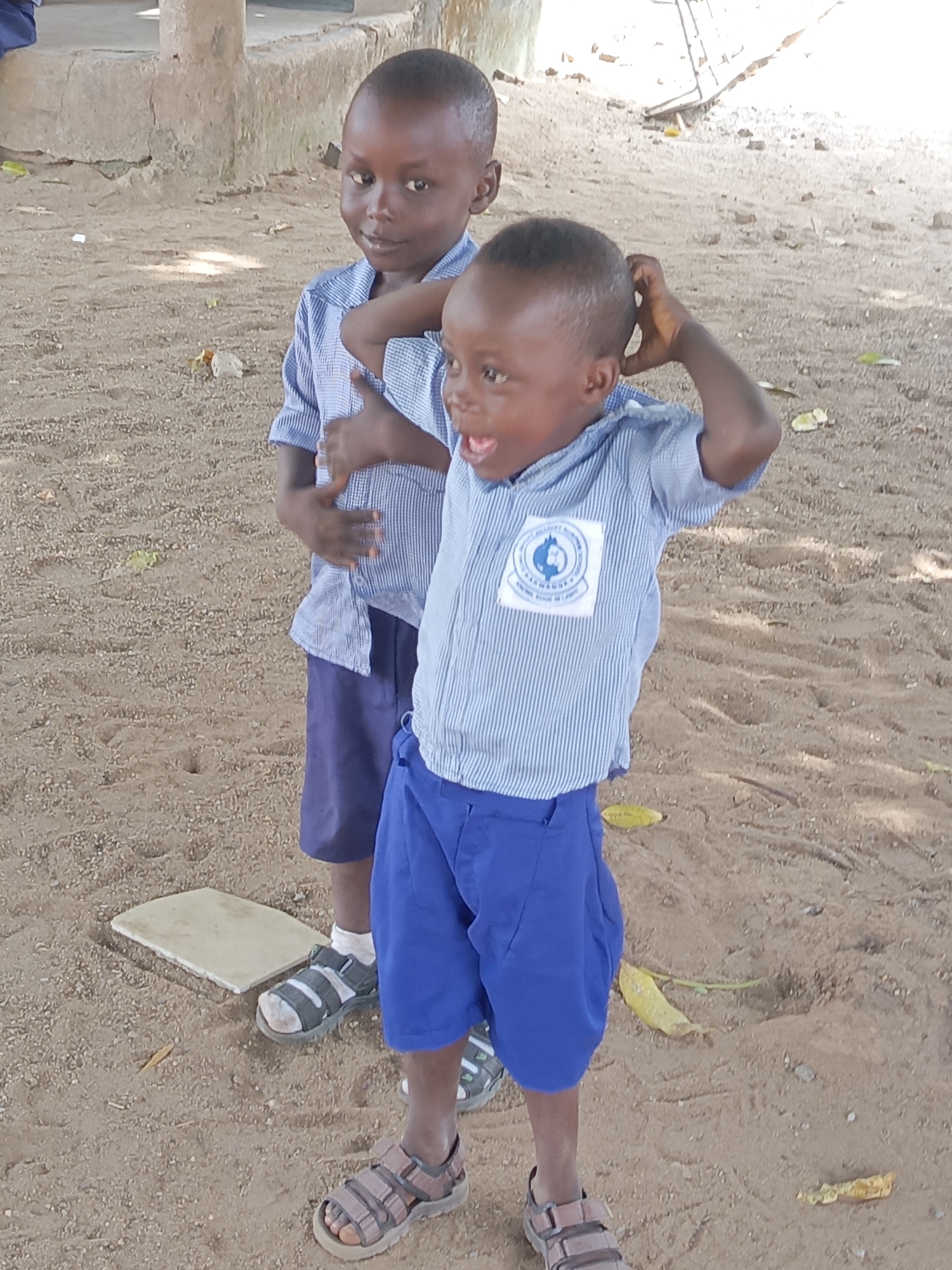 Two young boys are depicted outdoors in Akwanga, Nigeria, on what appears to be a bright, sunny day. They stand on sandy or dusty ground, scattered with a few fallen leaves and a light-colored rectangular slab. Both children, with dark skin and short dark hair, are dressed in matching school uniforms: light blue and white striped short-sleeved shirts and dark blue shorts. They wear open-toed sandals, one boy sporting black sandals with white socks, and the other brown sandals.
The boy in the foreground exhibits a highly animated expression; his mouth is open wide, possibly in a shout or laugh, and both hands are raised to his head, conveying excitement, surprise, or playful exasperation. A white badge with a blue circular logo is visible on his shirt, featuring partially legible text that includes "AKWANGA" and "SCHOOL." The second boy stands slightly behind the first, looking off to the left with a subtle smile or smirk. His arm is resting on the front boy's back, suggesting a close and friendly interaction. The scene captures a lively and candid moment between the two children.