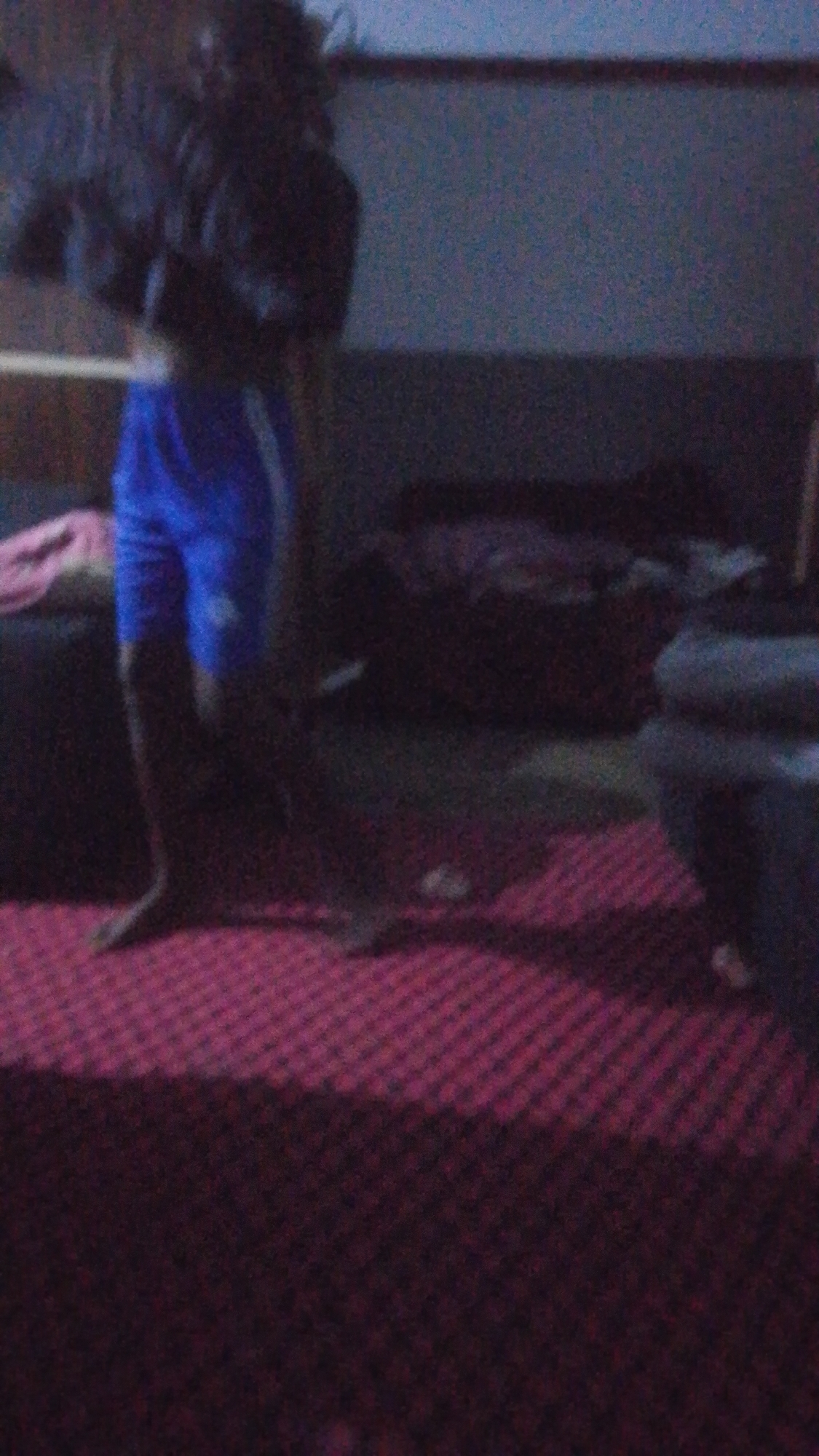 A person is standing on a red rug in what appears to be a dimly lit room. The person is wearing blue shorts and a dark shirt, holding what looks like a dark object. The background consists of furniture and a wall. The lighting is low, and the image is slightly blurry, making specific details difficult to discern.