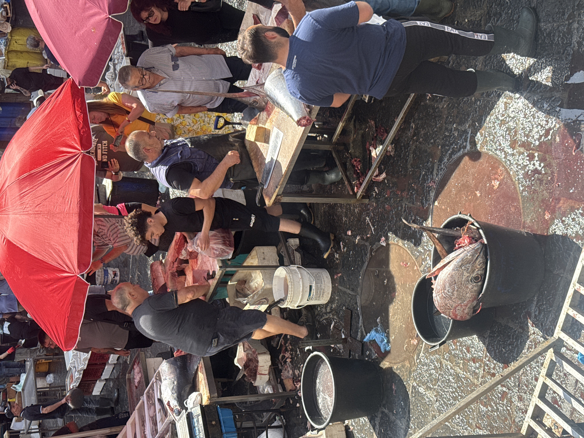 The image depicts a bustling outdoor fish market scene, likely in Catania, Italy, characterized by numerous people, large fish, and a wet, working environment under bright daylight.
In the mid-ground, the primary activity revolves around several men processing large fish. One man, wearing a blue shirt and dark trousers with "EA7" and "EMPORIO ARMANI" visible on a side stripe, stands in rubber boots, attending to a large fish on a cutting table. Another man in a similar blue shirt with short sleeves is actively cutting a large tuna or swordfish, its head and part of its body visible on the table. A large knife and other tools lie on the cutting surface, surrounded by fish offal. Nearby, another man in a dark vest over a blue shirt watches or assists.
Several large, bright red market umbrellas provide shade over different sections of the market. Underneath one umbrella, a man with glasses and a striped shirt observes the activity. Other market workers, some wearing aprons, are visible handling fish or merchandise in the background and foreground. Customers or onlookers, including a woman in sunglasses and a dark top at the top left, populate the scene, some holding phones. One person wears a T-shirt with the visible text "NO FITCH".
The ground throughout the market area is wet, dark, and speckled with fish scales and blood, indicating active fish processing. Buckets and black bins, some containing fish heads (like a large tuna head in a bucket at the mid-right), are scattered on the ground. Metal gratings and market stalls are also visible. The strong sunlight casts clear shadows, suggesting a time of day when the sun is relatively high. The atmosphere is one of intense activity and a raw, working market.