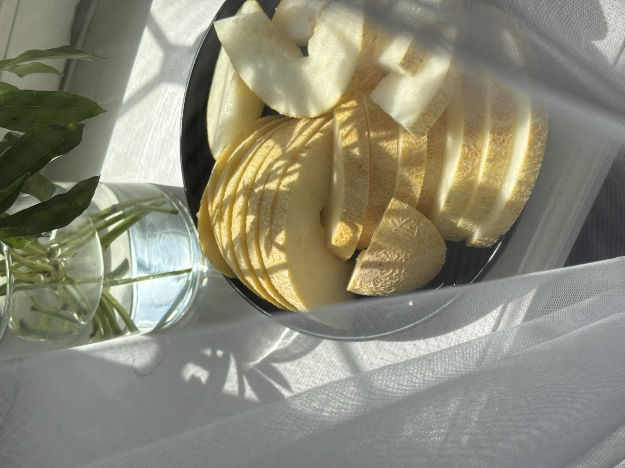 A top-down close-up shot displays sliced cantaloupe and pear on a dark plate, bathed in natural light. The fruit is arranged to showcase its textures and colors. The cantaloupe slices are fanned out, revealing their segmented interiors and a netted rind, while the pear slices are scattered on top, appearing smooth and pale. A sheer white fabric drapes across the right side of the frame, creating soft folds and casting subtle shadows. To the left, a clear glass vase holds green plant stems submerged in water, with hints of light reflecting off the glass and water's surface. The scene is illuminated by what appears to be morning or afternoon sunlight filtering through a window, casting a dappled, grid-like pattern of light and shadow on the white surface beneath. The overall mood is tranquil and serene, emphasizing the freshness of the fruit and the gentle play of light. The context of Chaikovsky, Russia, suggests a domestic setting, possibly a kitchen or dining area, where this still life arrangement has been set up. No text is visible in the image.
