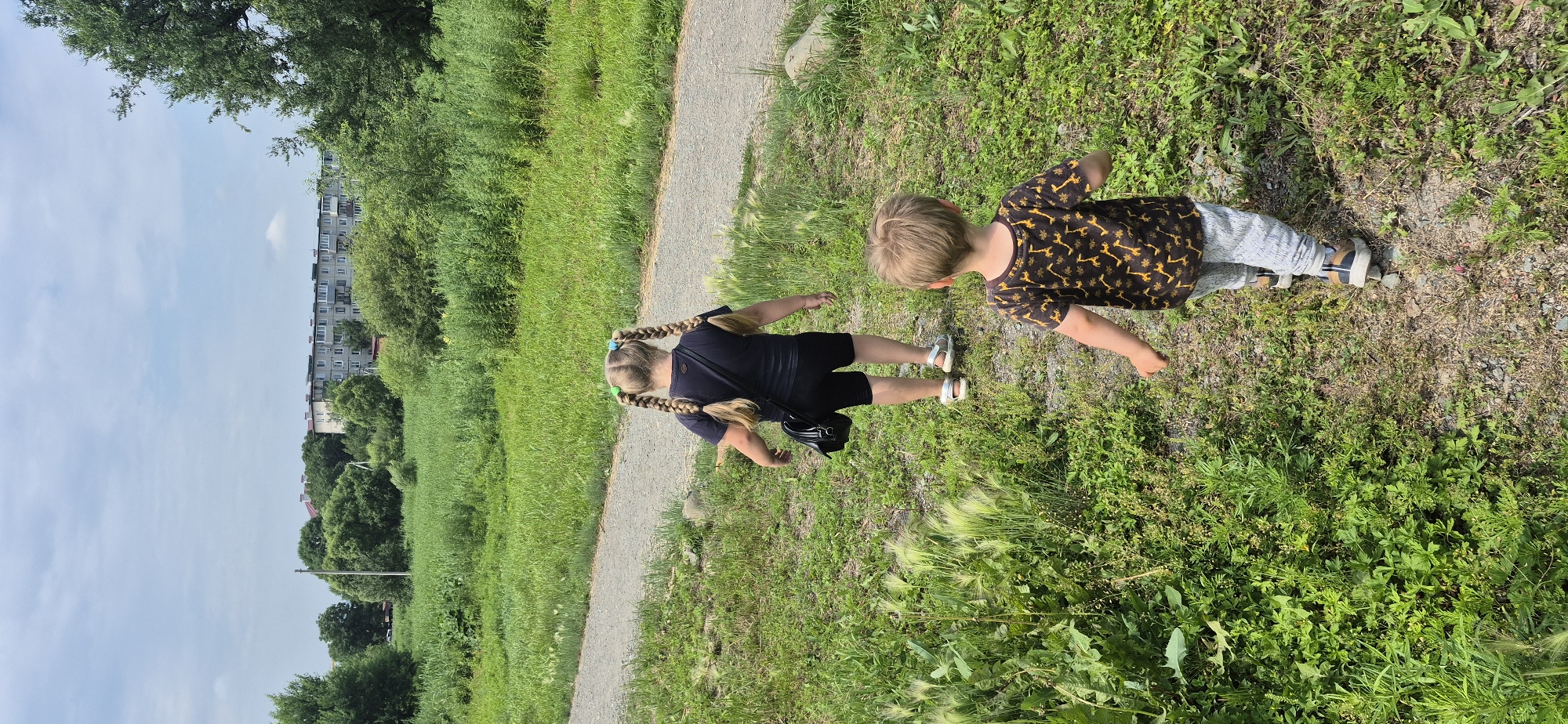 Two children walk away from the camera on a gravel path in a grassy area. The child in front is a young boy wearing a dark t-shirt with a giraffe pattern and light-colored pants. The child behind is a young girl with long blonde hair in two braids, wearing a dark t-shirt and black shorts. They are walking towards a line of trees and a multi-story apartment building in the distance. The sky is overcast.