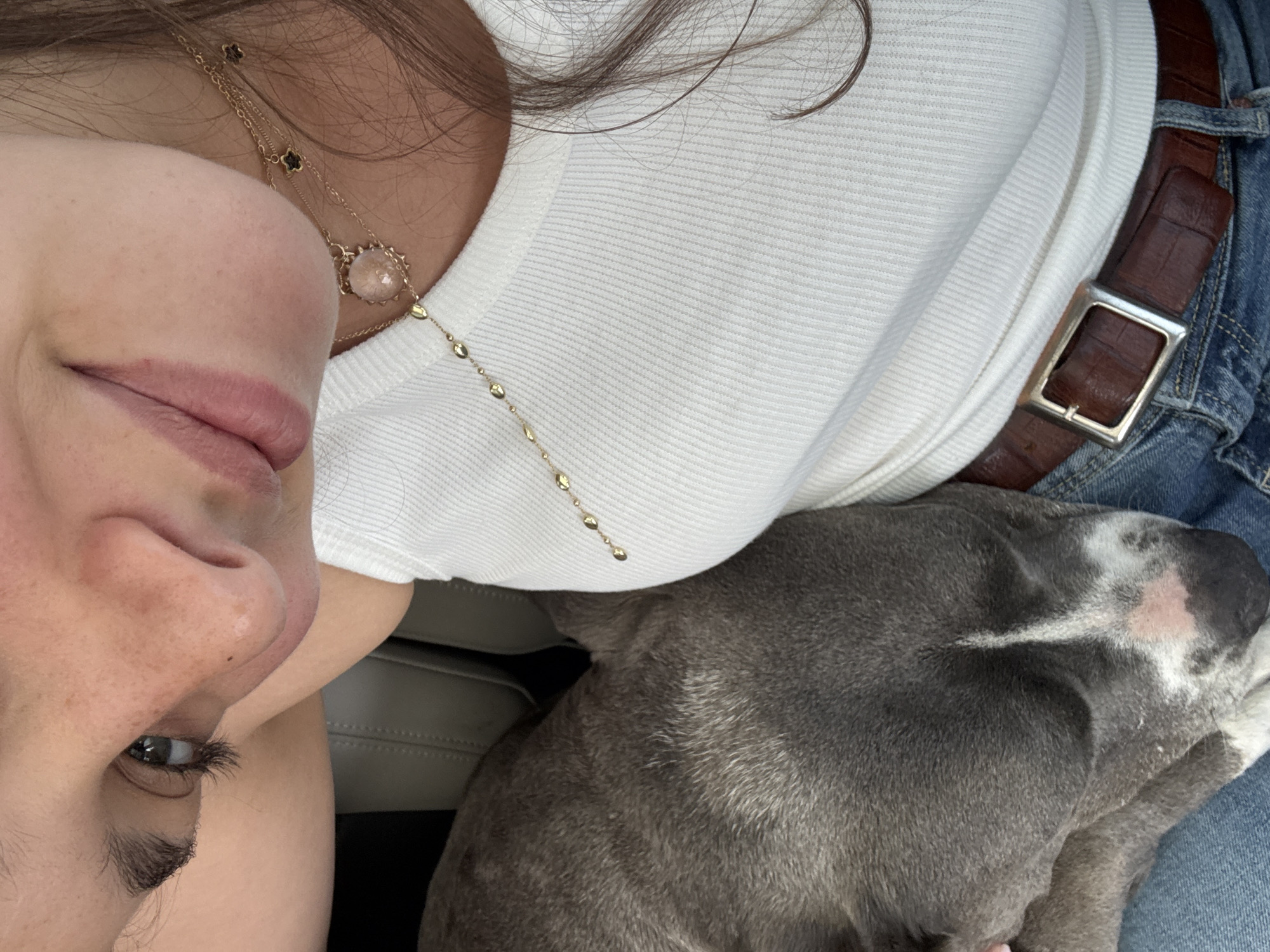 A close-up, tilted selfie shows a woman with light skin and dark hair. She's wearing a white, ribbed shirt and a brown leather belt with a silver buckle over blue jeans. She also has a delicate gold necklace with small charms. A gray and white dog, possibly a pit bull, is lying on her lap. The location is likely inside a car, possibly in Milan, Italy, given the context of the request.