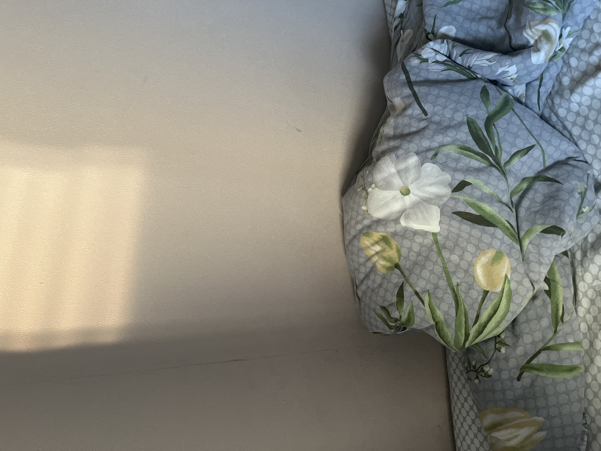 An overhead medium shot captures a bed with floral-patterned bedding in a room. The bedding, primarily in shades of gray and white, features a delicate floral design with green leaves and yellow and white flowers, set against a dotted background. A pillow, covered in the same floral fabric, is visible on the bed. The room appears to be a bedroom, with a wall in the background that is textured and illuminated by a soft light creating a shadow in the upper left quadrant of the image. The overall impression is one of a peaceful, possibly morning, scene.