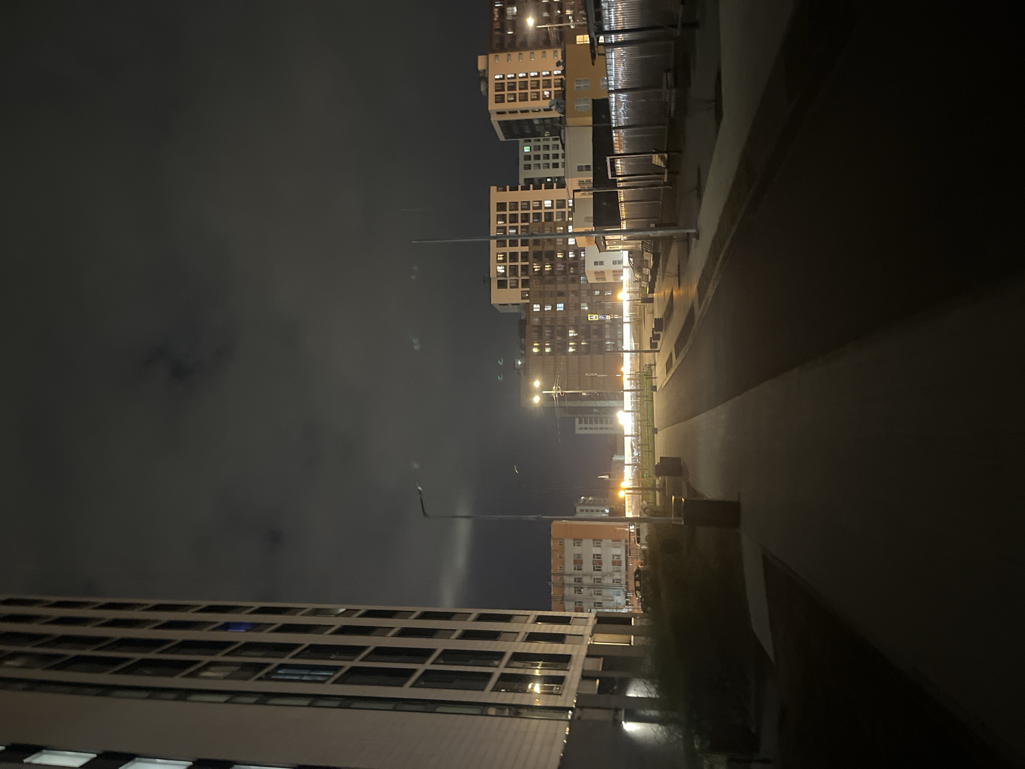 The image depicts a nighttime urban scene in Saint Petersburg, Russia, under an overcast sky. The photograph, when viewed in its intended landscape orientation, shows a street or elevated pathway flanked by multiple multi-story buildings.
On the left side of the frame, a large modern building with a distinctive grid of windows stands prominently, many of its windows glowing with interior lights. In the mid-ground and background, several other buildings, varying in height and architecture, also display numerous illuminated windows, casting a warm, artificial light into the dark surroundings.
A wide, dark path or road stretches into the distance on the right side of the image, appearing to be an elevated structure or a broad walkway. It is lined with streetlights that emit bright light, creating noticeable lens flares and illuminating parts of the path and the lower sections of the adjacent buildings. What might be guardrails or fences run alongside this path. The sky above is dark and cloudy, with faint cloud formations discernible against the ambient city glow.
No people are visible, and no specific activities are taking place, portraying a quiet, static moment in the city after dark. The primary illumination comes from the artificial lights of the buildings and streetlights. A small, yellow sign, possibly a traffic sign, with unreadable text, can be faintly observed among the buildings in the mid-ground.