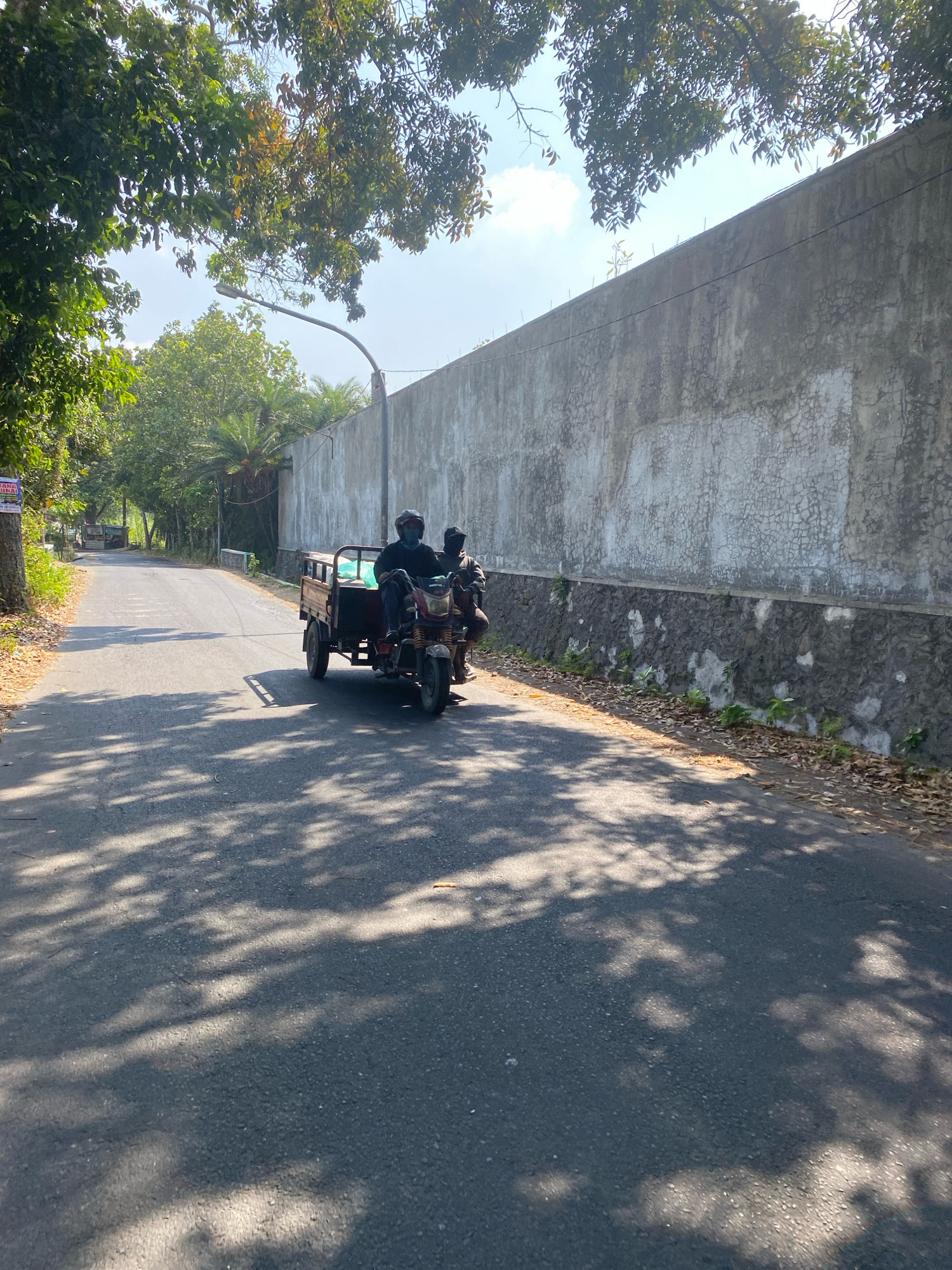 An outdoor, eye-level, medium shot captures a three-wheeled auto-rickshaw carrying two occupants traveling down a paved road in Kediri City, Indonesia. The vehicle, a light brown cargo trike, is positioned in the right lane of the asphalt road. The driver, wearing a black shirt and a light blue mask, is operating the vehicle. Behind the driver, a passenger in a dark shirt and hood is seated. The vehicle's headlights are illuminated.
The road is bordered by a dry, leaf-strewn shoulder on the right, leading to a textured, gray concrete wall. The wall appears aged, with visible cracks and patches of moss. Green foliage sprouts from the base of the wall and above it, lush trees cast dappled shadows across the road. On the left side of the road, trees and vegetation line the path, with a distant structure partially visible. The sky above is clear and blue, with a few white clouds. The sun is bright, indicating daytime, and its light creates strong shadows. The overall impression is that of a rural or semi-urban road on a sunny day.