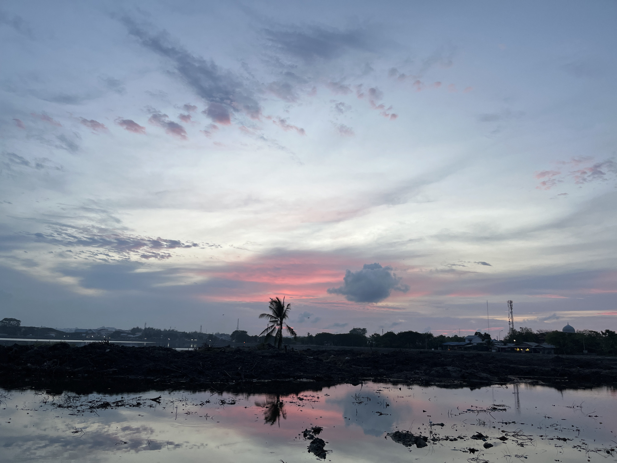 The image captures a sunset over a rural landscape near Lhokseumawe, Indonesia. In the foreground, a shallow body of water reflects the dusky sky and the silhouettes of debris scattered on the muddy ground. A single palm tree stands prominently in the middle ground, its fronds silhouetted against the colorful sky. Behind the palm tree, a cluster of trees and buildings form the distant horizon. The sky is filled with a gradient of colors, from pale blue at the top to hues of pink and purple near the horizon, with scattered clouds. The overall scene depicts a serene, natural environment at dusk.