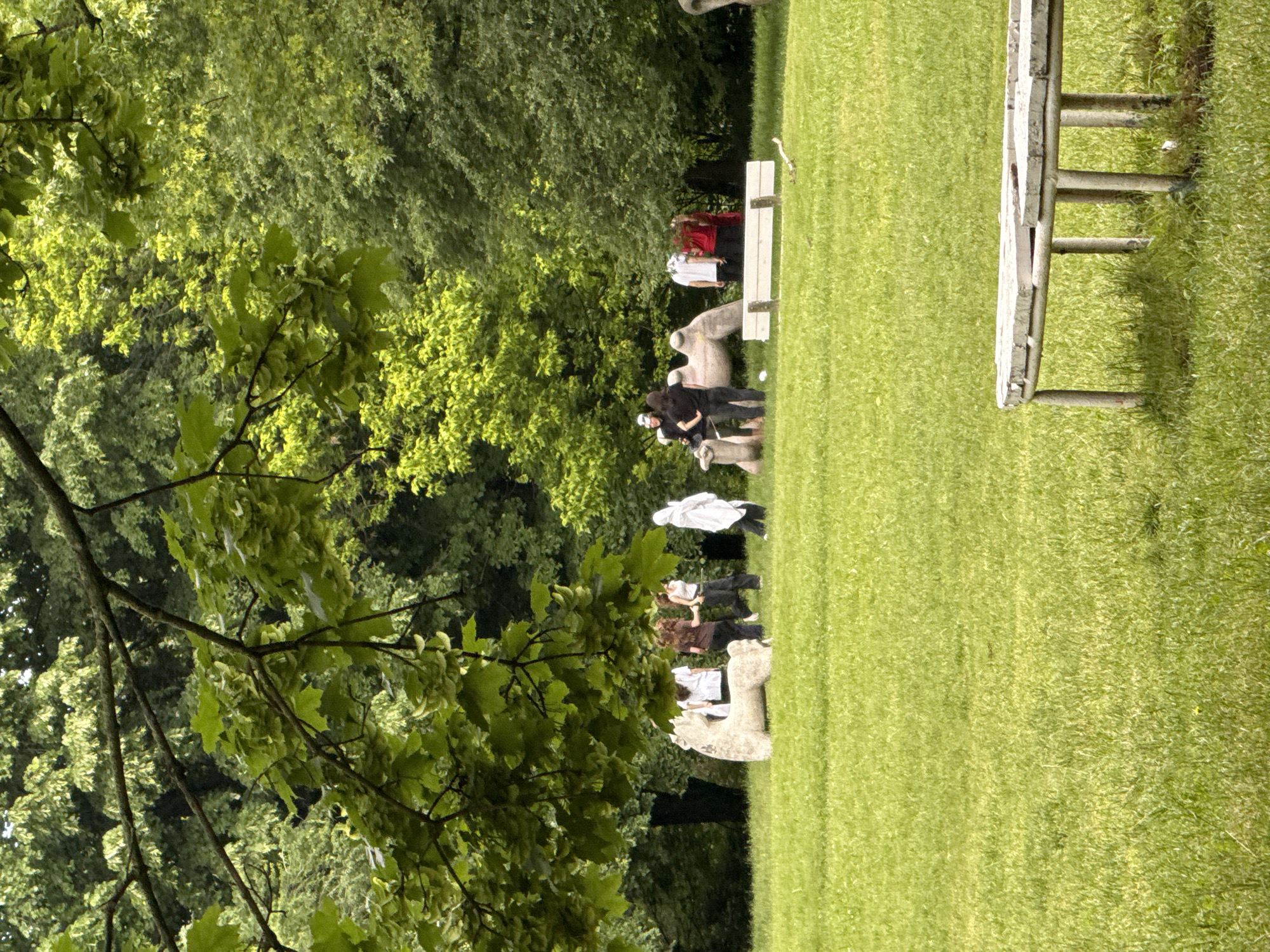 This vertical image depicts an outdoor scene in what appears to be a park or large garden in Sofia, Bulgaria. The composition is dominated by lush greenery, with a dense canopy of trees and a well-maintained grassy lawn.
In the foreground, a large tree branch with vibrant green leaves partially obscures the left side of the frame, adding depth to the scene. Beyond this, the midground features several individuals gathered around a series of light-colored, stylized animal sculptures that resemble llamas or camels. There are approximately five to seven people visible, dressed in casual attire. Some appear to be observing the sculptures, while others might be interacting with them or standing nearby.
Further back, the background is filled with a dense wall of green foliage from numerous trees, suggesting a wooded area or forest bordering the park. To the right side of the image, a light-colored wooden bench is visible on the grass. The overall lighting suggests it is daytime, possibly a bright day, with soft shadows visible on the grass. There is no visible text in the image.