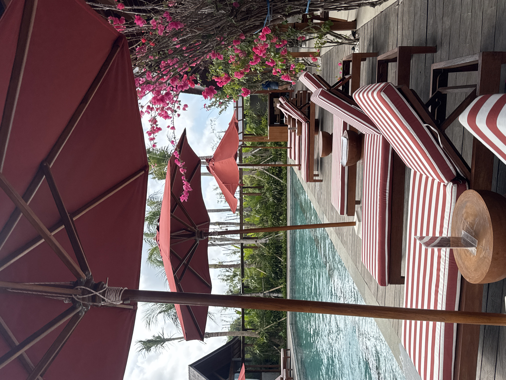 The image captures a serene poolside scene at an establishment in Kuta Selatan, Indonesia. Along a wooden deck, several lounge chairs with red and white striped cushions are arranged, each accompanied by a small, round wooden side table. The deck runs alongside a turquoise swimming pool, reflecting the surrounding vegetation. Overhead, large red umbrellas offer shade. Pink bougainvillea flowers add a touch of color, arching over the edge of the deck. In the distance, there's a glimpse of palm trees and tropical foliage.