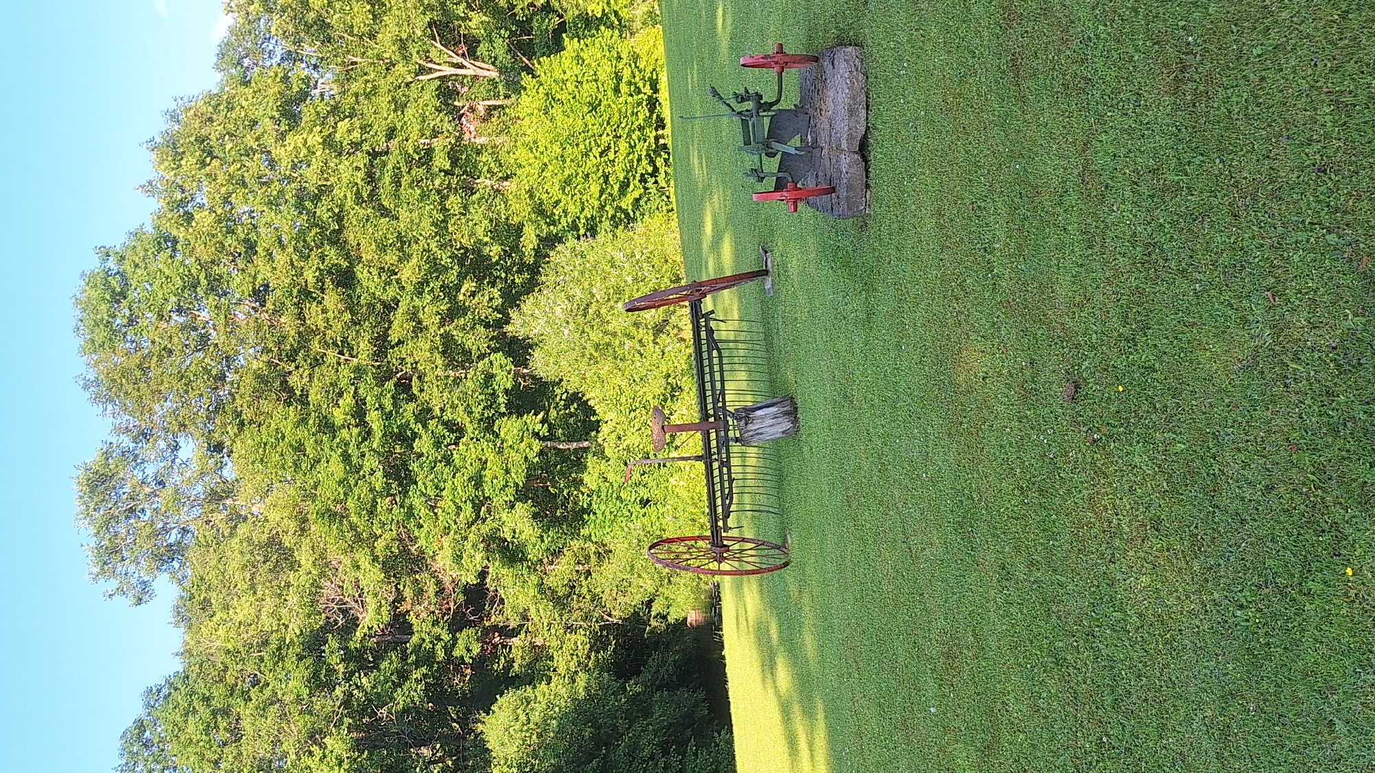 The image depicts a grassy field with two antique agricultural implements. On the left, a rake with red-rimmed wheels and a wooden post is positioned. To the right, a green plow with red wheels rests on a stone base. The background features a dense line of green trees under a clear blue sky. There are no people or animals present. The scene is quiet and appears to be in a rural or park-like setting. The location is not specified as Lēdmane, Latvia.