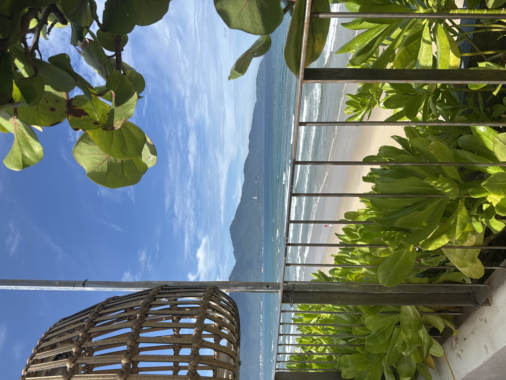 The image shows a beach view through a metal railing from what appears to be a balcony or patio. Green, leafy plants are growing along the railing. In the foreground, a woven wicker object is partially visible. Beyond the railing, a sandy beach meets the ocean. In the distance, a mountain range is visible under a blue sky with scattered clouds. The scene likely depicts a coastal area, possibly in Đà Nẵng, Vietnam.