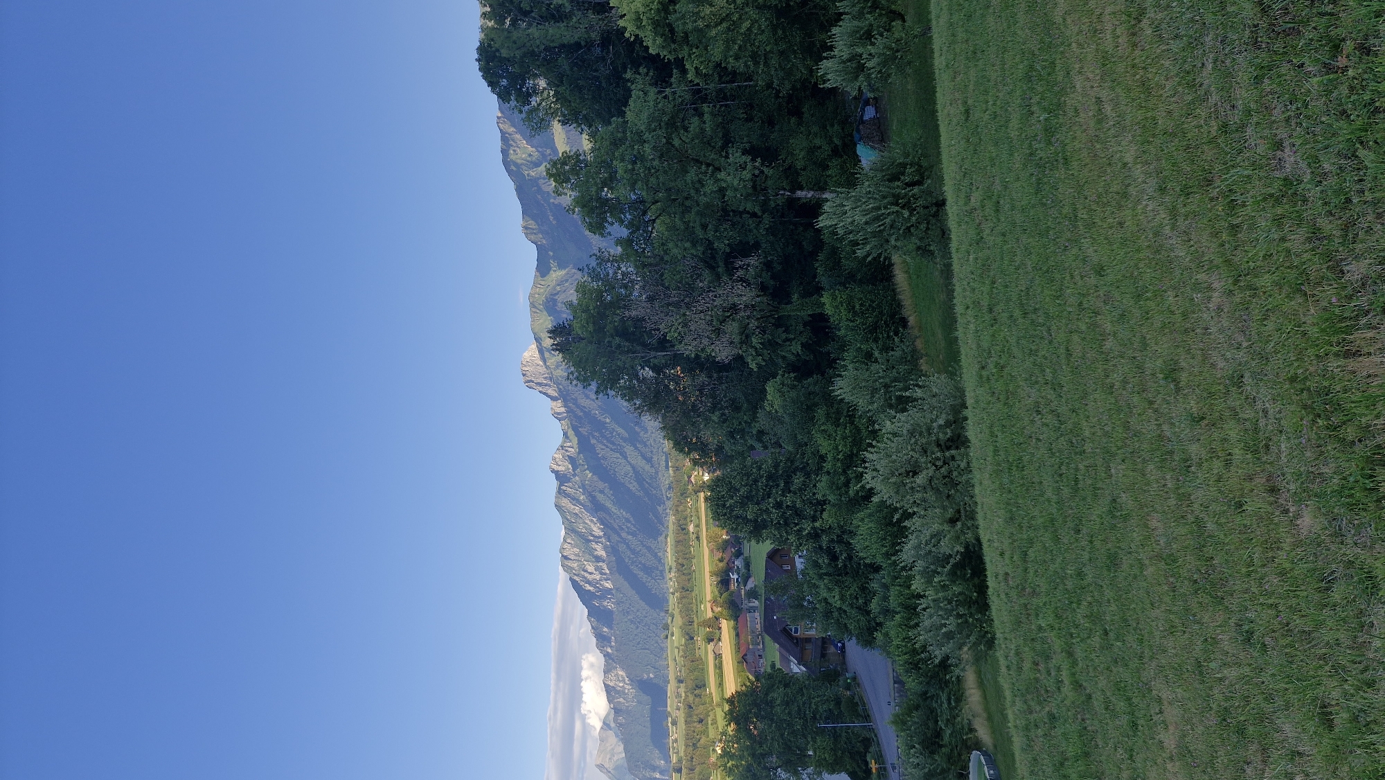This is a vertical, eye-level, outdoor, full shot image of a natural landscape. The sky is a clear, bright blue, taking up the top third of the frame. Below the sky, a range of rugged, green and gray mountains stretches across the horizon. In the middle ground, a dense forest of dark green trees stands in front of the mountains. To the left of the forest, there is a small village with red-roofed houses and fields. The foreground of the image is a steep, grassy slope.