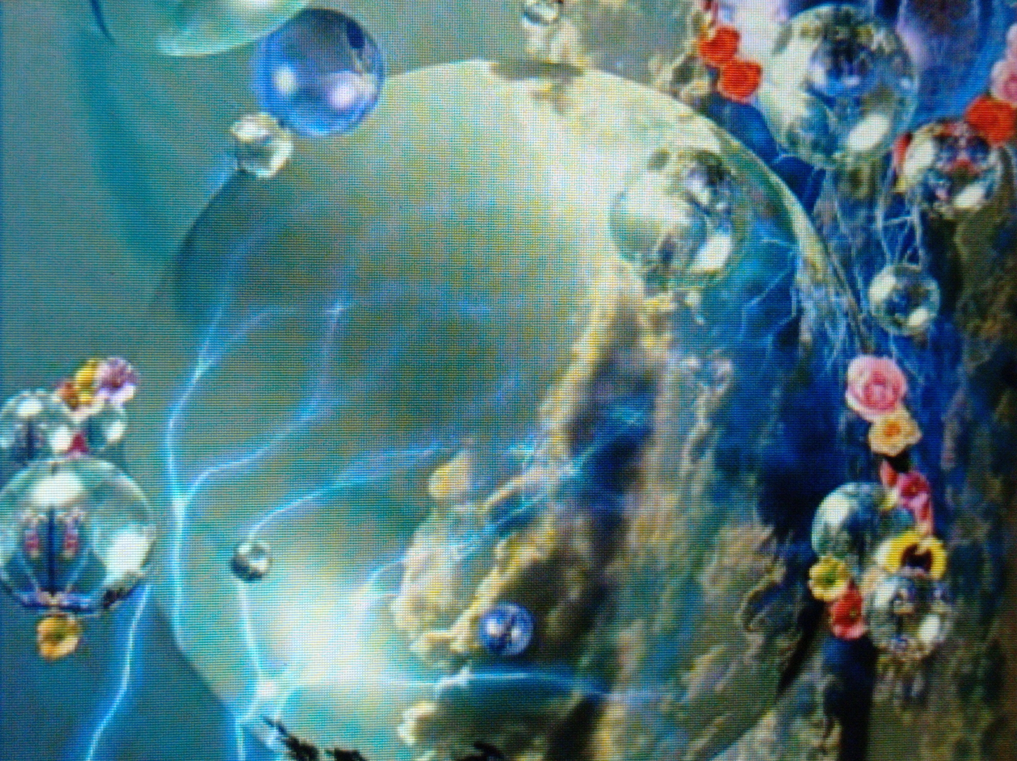 The image depicts a surreal, dreamlike scene with a large, translucent sphere dominating the center, filled with swirling clouds and light. Various smaller spheres, some appearing like bubbles and others like glass orbs, are scattered throughout the composition. These smaller orbs contain reflections of light and sometimes hint at intricate details within. Streaks of electric blue light weave through the scene, adding a dynamic and ethereal quality. In the foreground, a cluster of colorful flowers, including red, yellow, and pink roses, are arranged around some of the orbs. The overall environment is abstract and fantastical, with no discernible real-world location, and there are no people or specific actions depicted. The image is a digital or artistic creation rather than a photograph of a physical place.