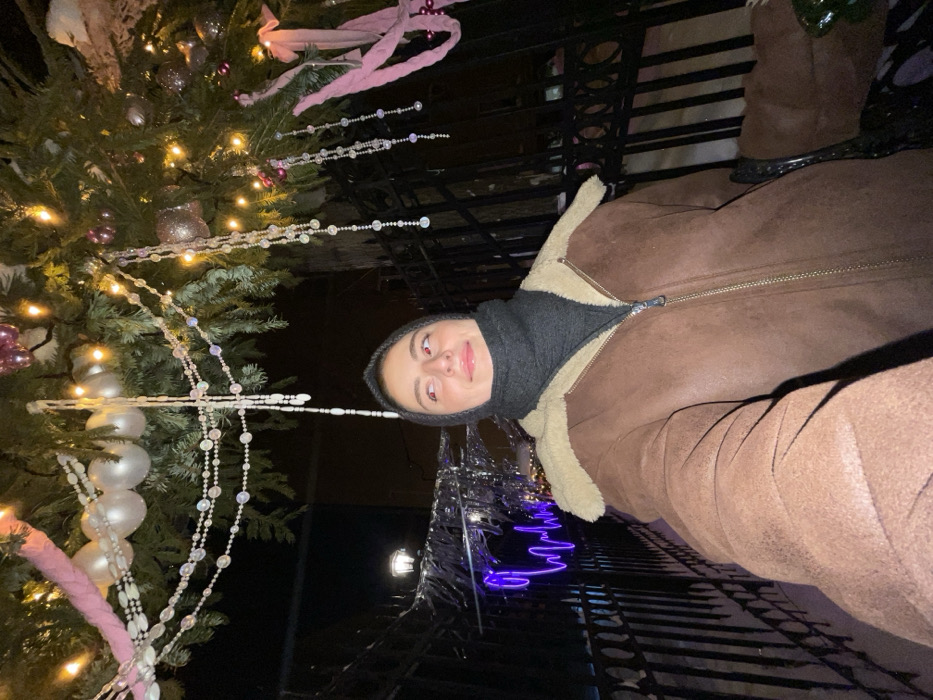A young woman in a brown jacket and black scarf is pictured outside. A decorated Christmas tree is partially visible to the left, adorned with lights, ornaments, and pink ribbons. There is a metal fence behind the woman, with blurry colored lights visible through it. The scene appears to be at night.