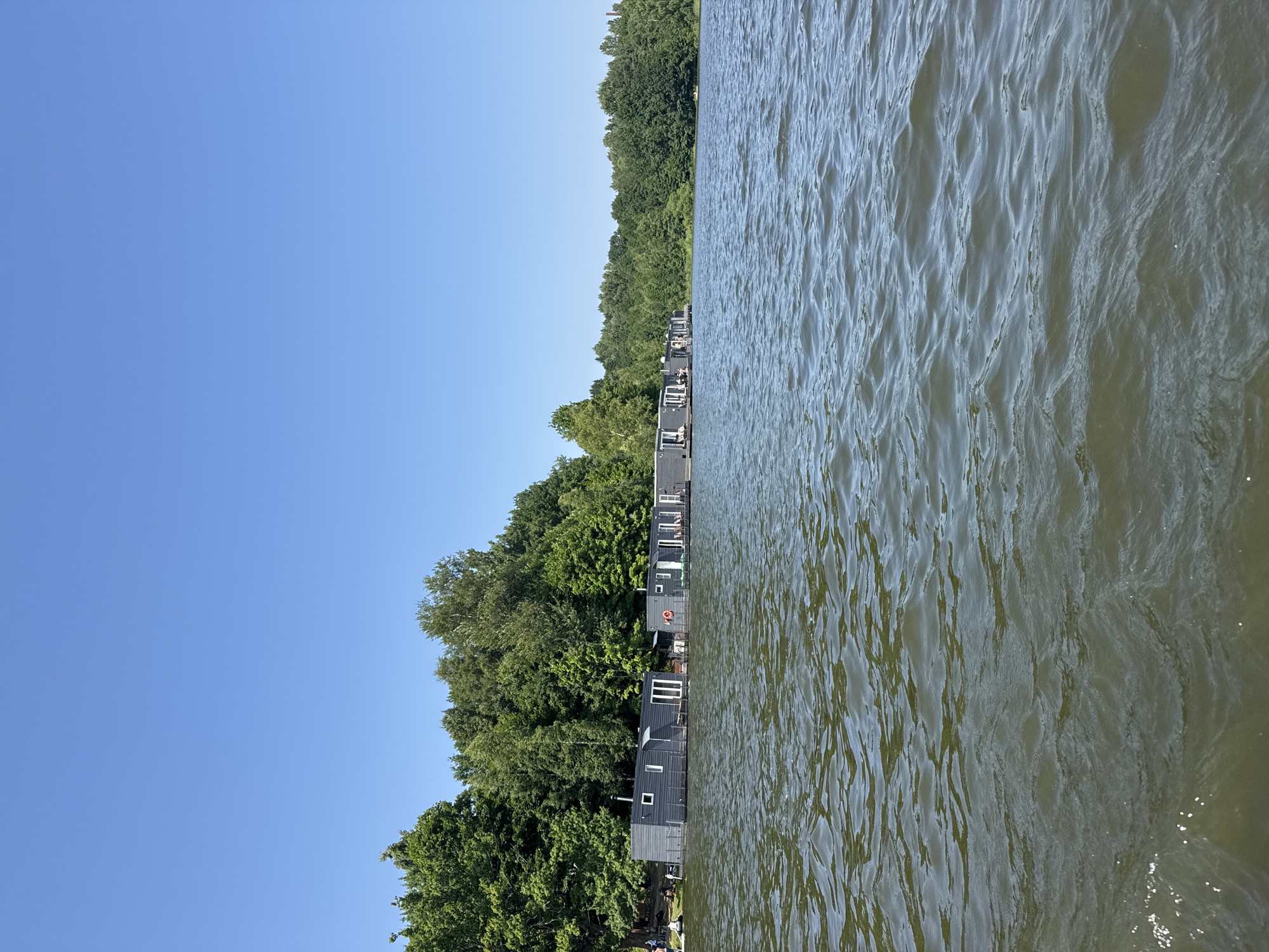 The image captures a scenic view of a body of water with a line of modern, dark-grey floating houses on stilts along the tree-lined shore. The sky above is a clear, bright blue. The water surface is rippled, reflecting the sunlight in small, sparkling patches. The floating houses are uniform in design, featuring windows and doors, and appear to be situated in a tranquil environment. The surrounding vegetation consists of dense, green trees that form a natural backdrop to the housing structures. The location is identified as Toksovo, Russia, suggesting a potential recreational or residential area by a lake or river.