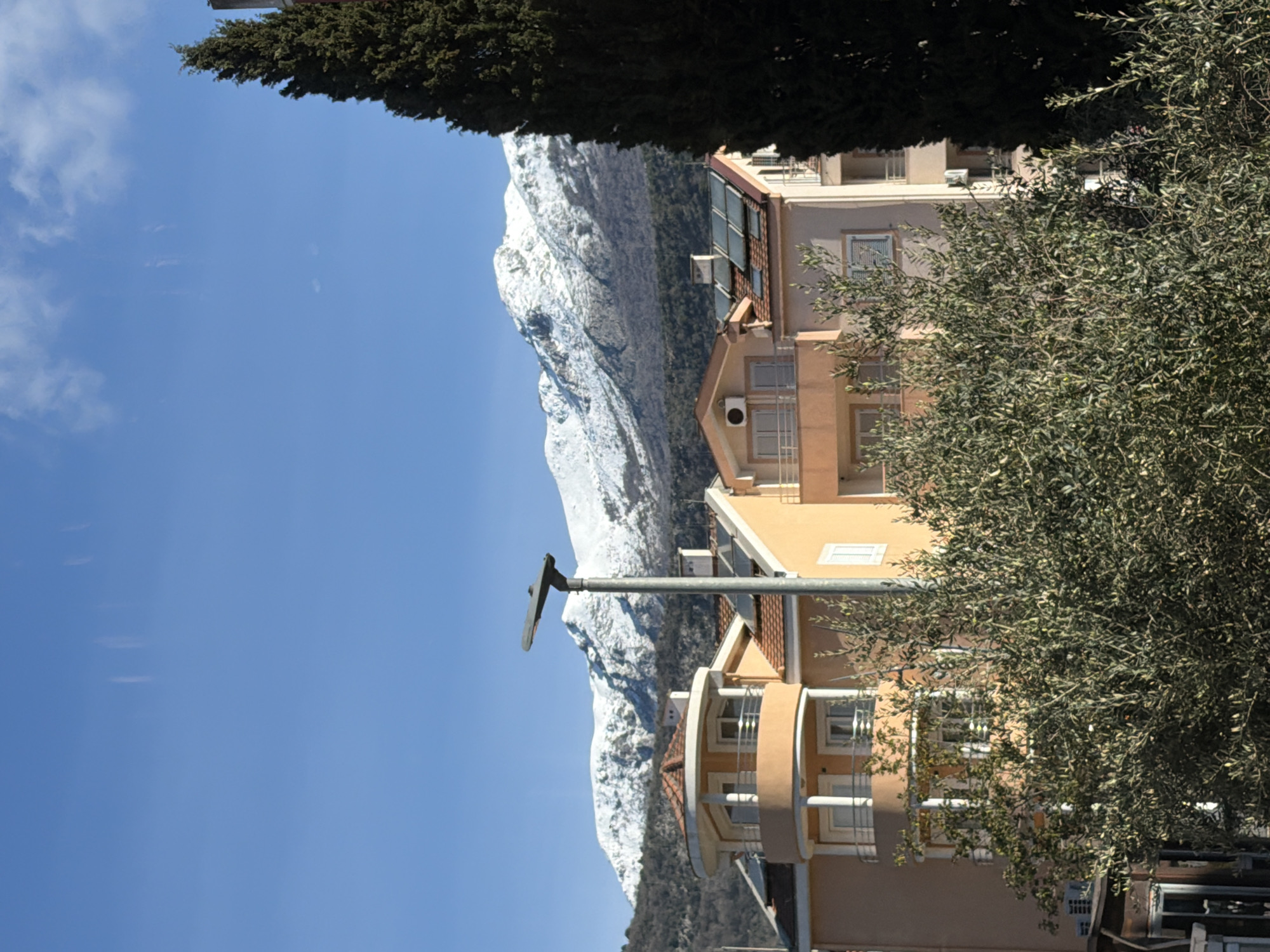 The scene depicts a clear, sunny daytime view in Budva, Montenegro, featuring multi-story residential buildings set against a backdrop of snow-capped mountains. A vast, clear blue sky with minimal cirrus clouds occupies the upper portion of the frame. The background is dominated by a range of mountains, their upper elevations covered in a continuous layer of white snow, transitioning to dark, densely vegetated slopes at lower altitudes.
In the midground, several residential structures are visible, constructed with facades in warm tones, primarily peach, light orange, and beige, topped with red-tiled roofs. One building on the left exhibits a distinctive curved section with multiple windows and balconies featuring white railings. A building towards the right displays a series of solar thermal panels installed on its roof. Air conditioning units are visible on the exterior walls of some buildings.
Centrally located in the midground, a grey, tall streetlamp with a modern, flat rectangular light fixture stands upright. The lower portion of the image is characterized by dense vegetation. A large, bushy olive tree or similar shrub with silvery-green leaves occupies much of the immediate foreground, partially obscuring the lower levels of the buildings. On the far right, a tall, dark green coniferous tree, consistent with a cypress, extends vertically, partially framing the view. No individuals or active interactions are observable within the frame.