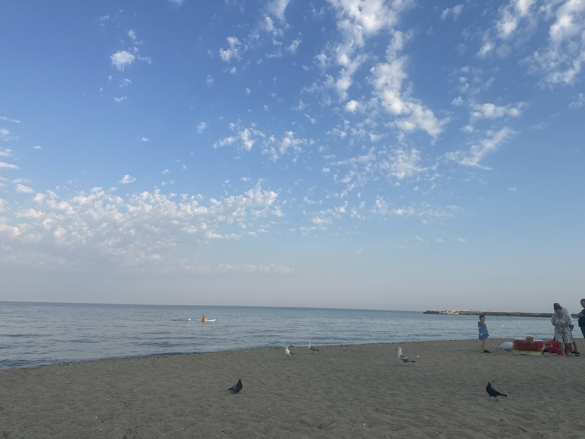 The image depicts a serene beach scene under a vast blue sky dotted with fluffy white clouds. The sun is shining, casting a gentle light on the water and sand. The sea is calm with gentle waves lapping at the shore.
In the distance, a person is visible on a paddleboard in the water, enjoying the ocean. Closer to the shore, a group of people are gathered on the sand. One person, a young boy in a blue outfit, stands near some inflatable toys. A woman in a patterned dress and a man in a dark shirt are also present, seemingly engaged in conversation.
Several seagulls are scattered on the sandy beach, adding a touch of wildlife to the scene. A pigeon is also visible foraging on the sand. The beach itself is composed of fine, dark sand. In the background, a long pier or breakwater extends into the sea, with some structures visible along its length, suggesting a populated coastal area.
The overall mood of the image is peaceful and relaxing, characteristic of a pleasant day at the beach. The lighting suggests it is either morning or late afternoon, with the sun not directly overhead. No text is visible in the image.
