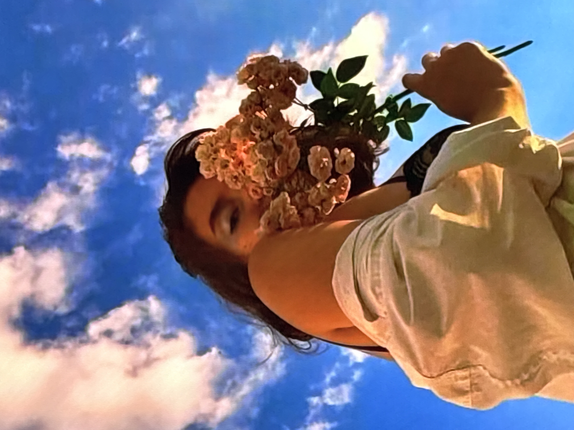A young woman is holding a bouquet of small, light pink flowers in front of her face, obscuring much of her features. She is looking upwards towards a blue sky with scattered white and pink clouds. Her left arm is visible, bent at the elbow and resting against her chest. She appears to be wearing a white top and light-colored shorts or pants. Her hair is dark and wavy, falling around her shoulders. The lighting suggests it is daytime, possibly late afternoon or early evening, given the warm, golden hue of the light. The background is dominated by the sky and clouds. There is no indication of the city of Krasnokamsk, Russia, or any urban environment in this image.