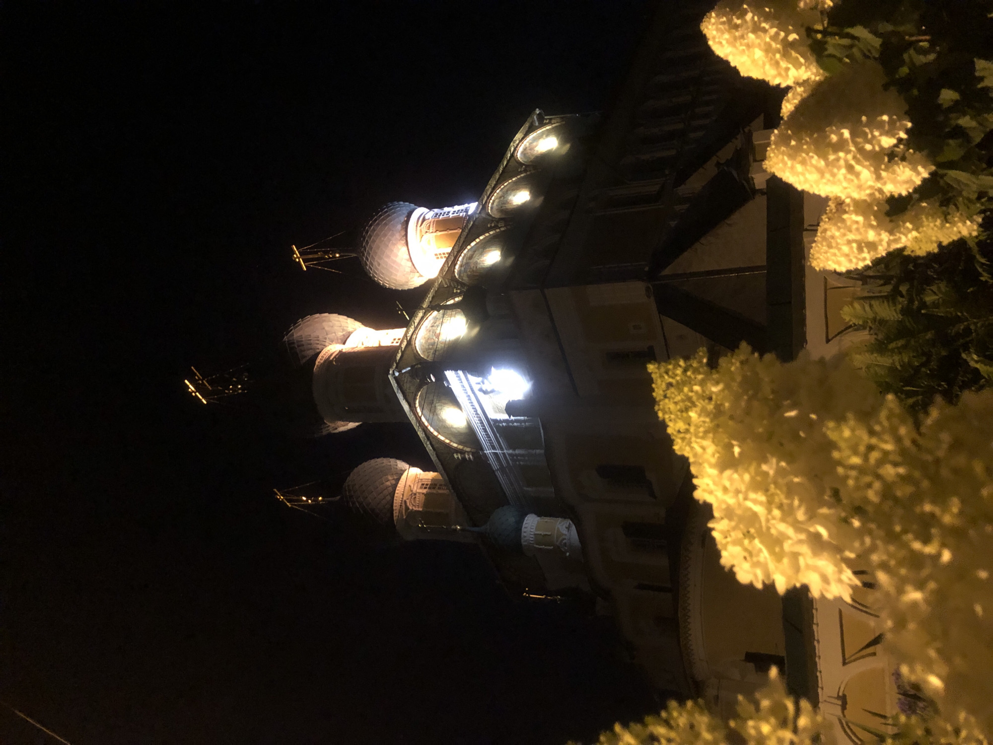 The image depicts the Resurrection Cathedral in Tutaev, Russia, at night. The cathedral's domes and architectural features are illuminated by artificial lighting, creating a striking contrast against the dark sky. In the foreground, out-of-focus clusters of pale yellow flowers and greenery are visible, suggesting a garden or landscaping around the cathedral. The overall scene conveys a sense of nighttime illumination and architectural grandeur.