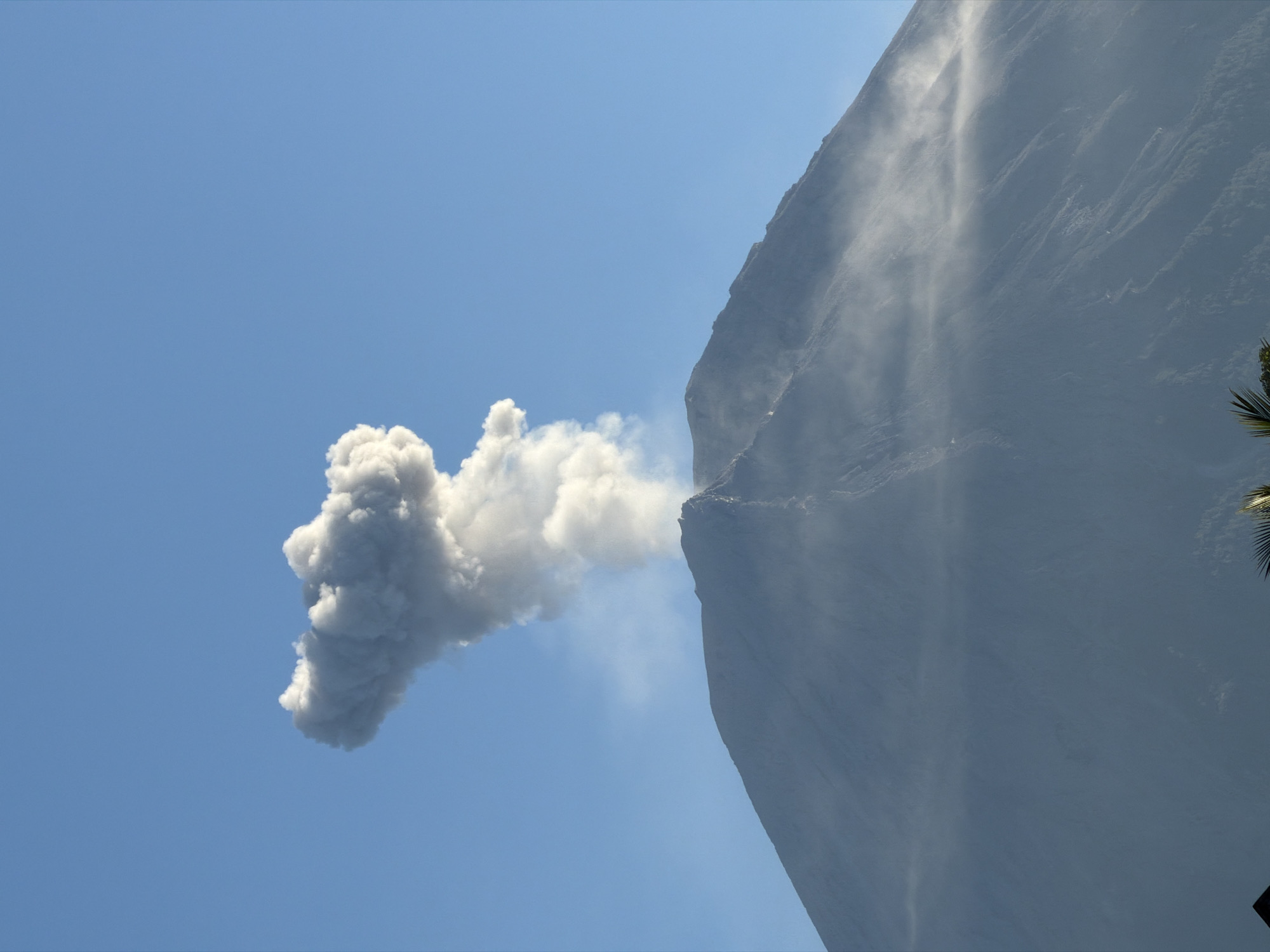 The image shows a large volcano erupting, with a plume of gray ash and smoke billowing into a clear blue sky. The volcano is a dominant feature of the landscape, with its steep slopes covered in a light gray ash. Wisps of smoke and ash also drift down the sides of the volcano, obscuring some of the details of its surface. The eruption plume rises high above the volcano, forming a cauliflower-like shape against the sky. In the foreground, the tops of palm trees are visible, suggesting a tropical environment. The overall impression is one of immense natural power and a dynamic geological event. The image depicts the volcano in Sidomulyo, Indonesia, an area known for its active volcanoes.