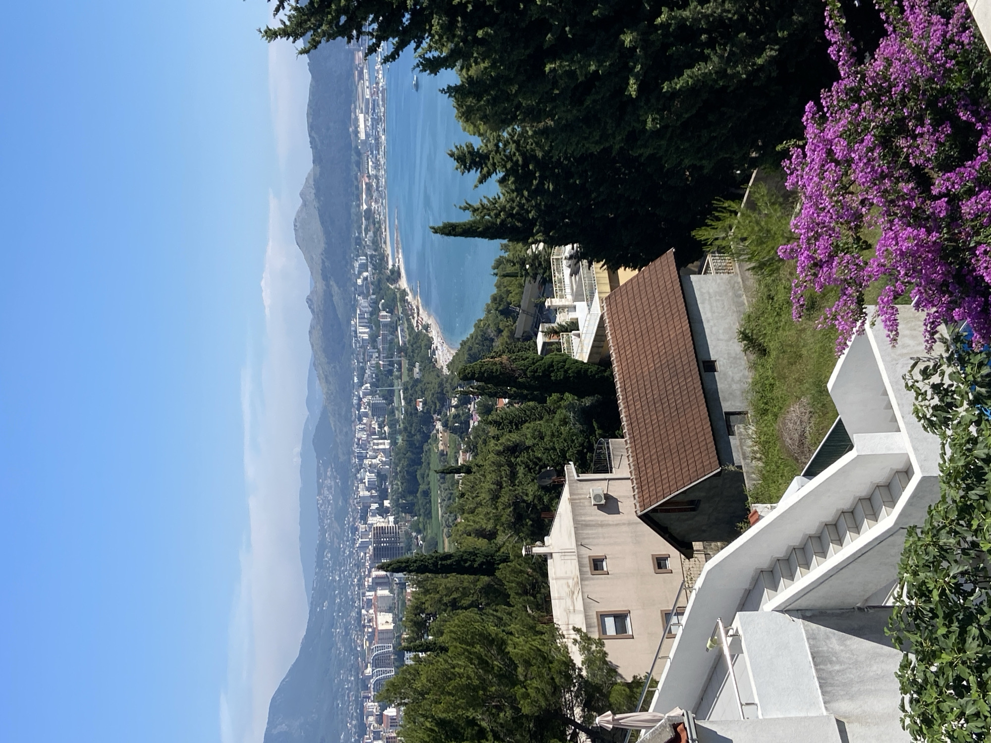 The image captures a panoramic view of the Adriatic Sea and a coastal city, likely Šušanj, Montenegro, from an elevated vantage point. In the foreground, white stucco stairs ascend a hillside adjacent to a light-colored building with a flat roof and a brown-tiled roof structure. Lush green trees, including tall cypress trees, and vibrant purple bougainvillea bushes dominate the mid-ground, adding a splash of color to the scene. Beyond the vegetation, the city sprawls towards the water, characterized by a mix of modern and older buildings, with a notable concentration of white and light-colored structures. A curved coastline with a sandy beach is visible, bordering the calm, turquoise waters of the bay. In the distance, a range of hazy mountains under a clear blue sky completes the serene coastal landscape. No people are visible in the image.