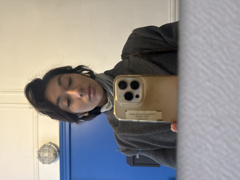 A person with short, dark, wavy hair, wearing a light grey turtleneck and a dark grey coat, is depicted in a mirror selfie. The individual holds a gold-colored smartphone with a triple-lens camera system in the lower center of the frame, partially obscuring their torso. Golden-colored hoop earrings are visible on both ears. The reflected background reveals an interior space within a building in Paris, France. To the left, a bright blue door is visible, with a dark mailbox partially obscured beside it. Above the blue door, a white, cage-style wall lamp is mounted on a white wall. White architectural molding runs along the top edge of the wall. A dark strap, possibly from a shoulder bag, is visible over the person's right shoulder. The bottom of the image shows a light-colored, textured surface.