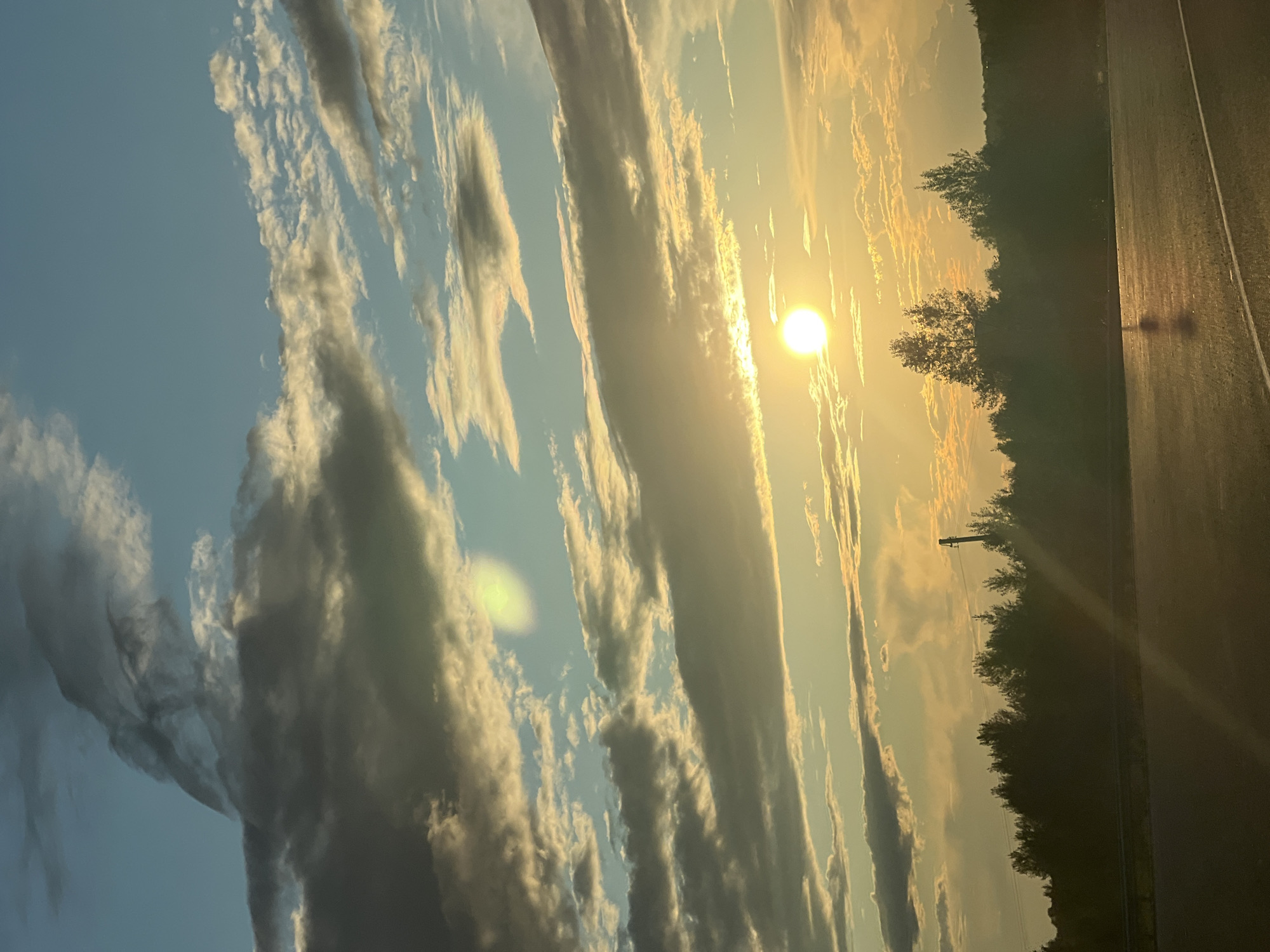 A low-angle vertical photograph captures a sunset over a rural landscape near Mochishche, Russia. The sky is a blend of blue and orange, with wispy clouds illuminated by the setting sun. The sun, a bright orb, is positioned in the upper right quadrant of the frame, casting a warm glow across the scene. Below the sky, a dense line of dark trees forms the horizon, their silhouettes sharp against the vibrant sky. In the foreground, a paved road stretches across the bottom of the image, reflecting the sunlight and showing a faint white line marking the edge of a lane. A slender utility pole is visible within the treeline on the left side of the image. The overall impression is one of serene, natural beauty at dusk.