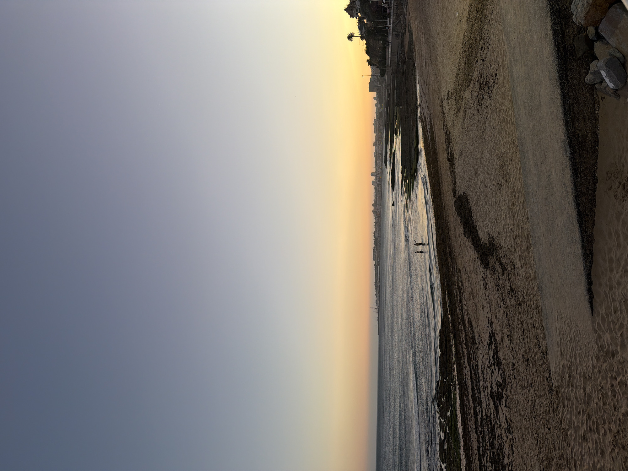 The image depicts a serene beach scene at dusk in Cascais, Portugal. The sky transitions from a pale blue at the top to a warm yellow-orange hue near the horizon, indicating the setting sun. The calm sea stretches across the frame, with gentle waves lapping at the shore. Along the coastline, a sandy beach is visible, with areas covered in dark seaweed. Further inland, a town or city skyline is discernible, with buildings and structures dotting the landscape. Two figures are standing in the shallow water, their silhouettes barely visible against the fading light. The overall atmosphere is peaceful and tranquil, capturing the beauty of a coastal evening.