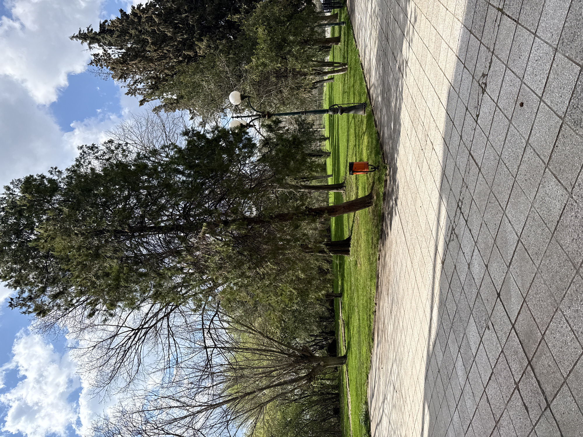 The image shows a park-like area in Stara Zagora, Bulgaria, near a paved walkway. The walkway is made of light gray square tiles and is bordered by a strip of green grass. Several trees, mostly evergreen, are visible along the grassy area, with some bare branches suggesting late winter or early spring. A black lamppost stands in the middle ground, and a small orange object sits on the grass near the walkway. The sky is visible through the trees, showing blue patches and white clouds. No people are visible in the image.