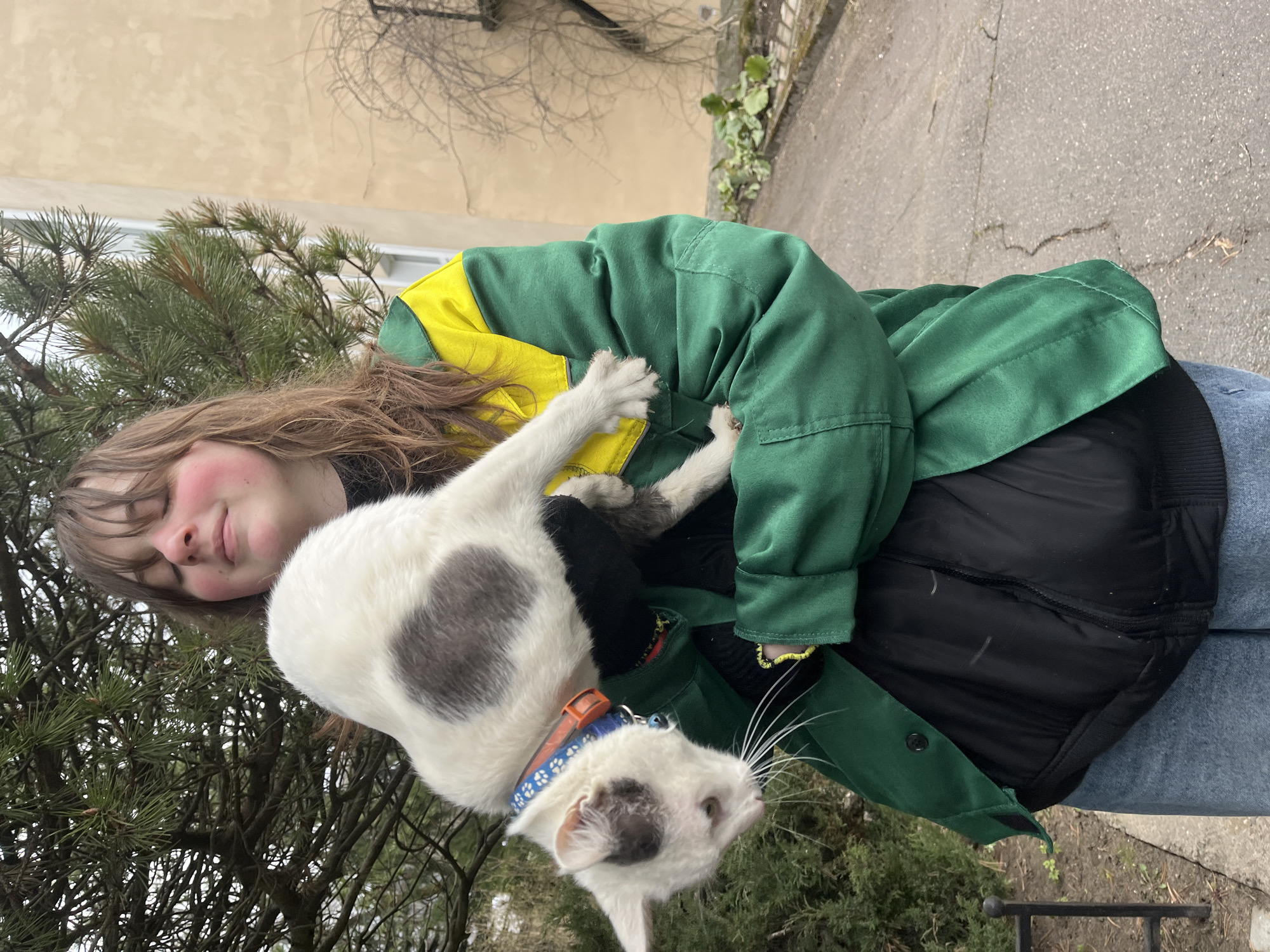 A young person with brown hair is holding a white and gray cat with a blue collar. The person is wearing a green and yellow jacket, a black vest, and jeans. They are standing outside next to a tree. The location is likely Saint Petersburg, Russia, due to the architecture and foliage.