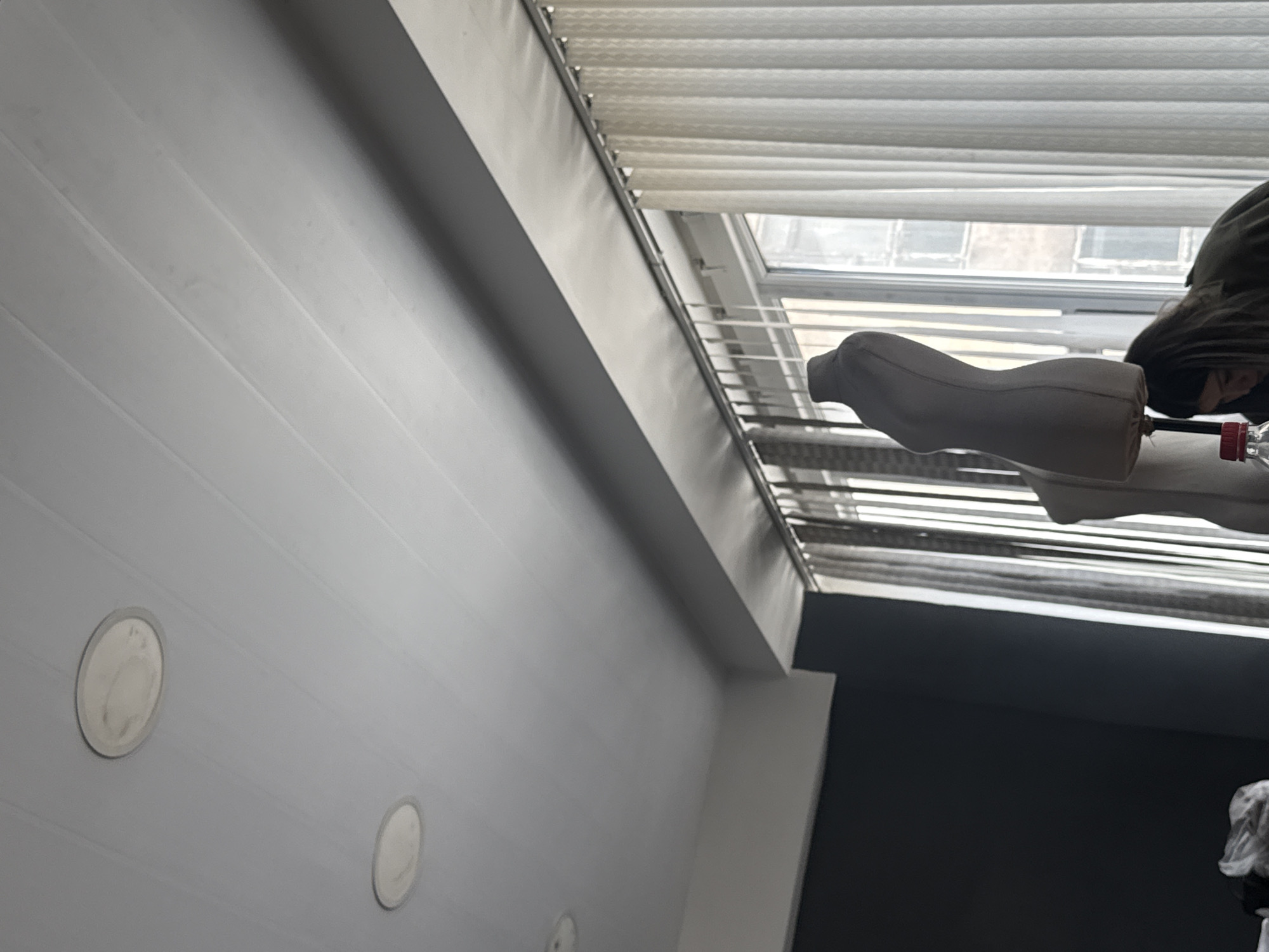 The image presents a partial view of an interior space, potentially in Yerevan, Armenia, though specific geographic confirmation is absent. The primary elements include a white ceiling with recessed circular light fixtures, a window fitted with white blinds, and a human figure positioned near the window. The blinds are partially open, revealing a blurred cityscape outside. The figure wears a green jacket and is holding a water bottle. The setting has elements indicative of either a domestic or commercial space.