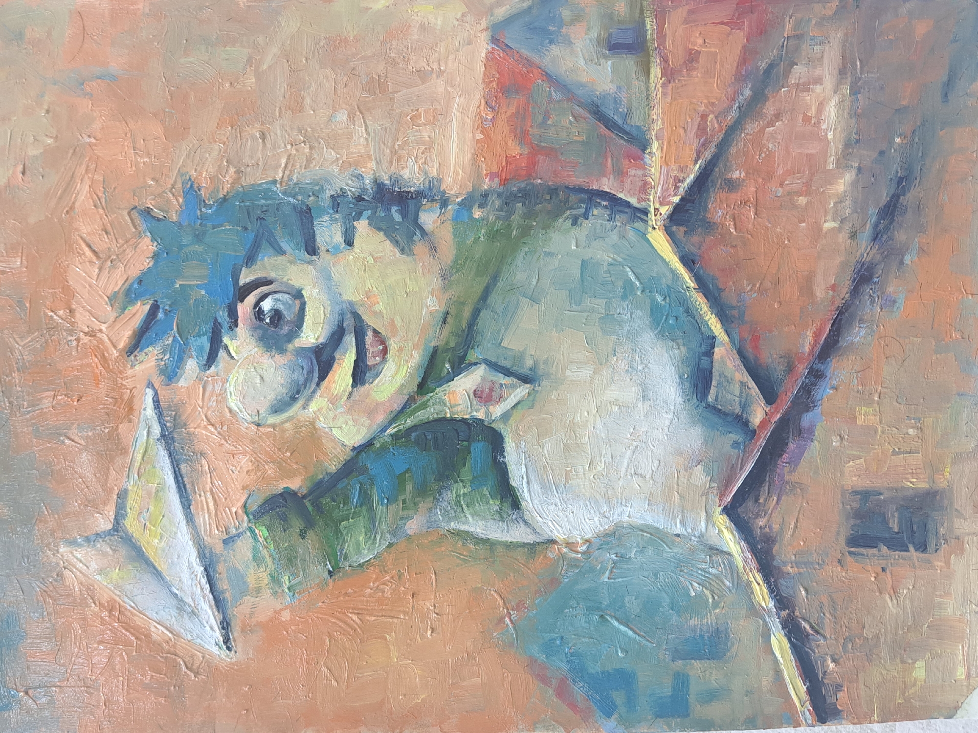 The image is a textured oil painting of a stylized human figure with blue hair, large eyes, and a distorted face. The figure appears to be holding a white paper object. The background is composed of orange and peach hues with geometric shapes suggesting an abstract environment. There is no indication this image is from Yerevan, Armenia.