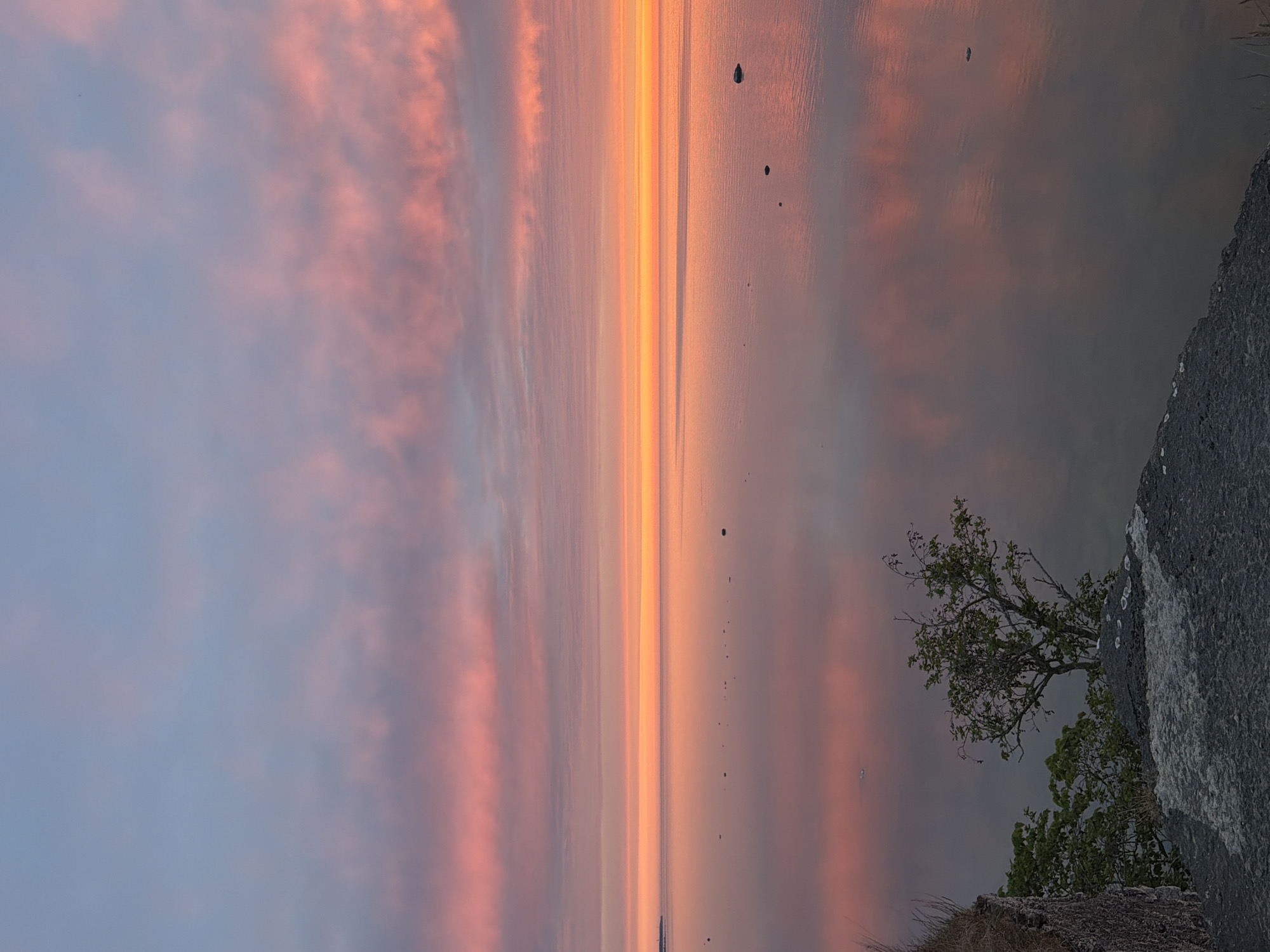 This is a vertical, medium-wide shot of a serene seascape at dusk. The sky is painted with soft, blended hues of pink, orange, and light blue, with wispy clouds reflecting in the calm water. The horizon line is clearly defined, separating the sky from the sea. Scattered rocks and a distant lighthouse are visible in the water. In the foreground, a rocky cliff face with some vegetation overlooks the water. A small tree stands on the cliff, adding a touch of green against the colorful sky. The overall atmosphere is peaceful and tranquil. The location is Keila-Joa alevik, Estonia, known for its picturesque coastal views.