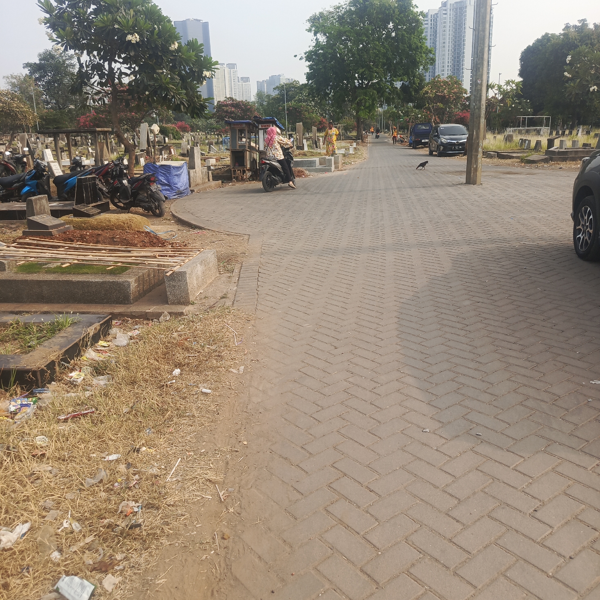 The image depicts a cemetery located in South Jakarta, Indonesia. A paved pathway, laid with interlocking bricks in a herringbone pattern, dominates the foreground and extends into the distance. To the left of the pathway, an area of dry, overgrown grass is littered with various types of trash, including plastic bags, wrappers, and debris. Beyond the grass, several motorcycles are parked near a row of graves marked by concrete slabs and some with bamboo structures, suggesting ongoing or recent grave preparation or maintenance. A few trees with white flowers are visible, providing shade. In the background, modern high-rise buildings of a city contrast with the cemetery setting.
Further down the pathway, a woman is riding a motorcycle. Another person stands near a food cart. Several vehicles, including cars and another motorcycle, are parked along the pathway. In the mid-ground, people in orange vests appear to be engaged in some activity, possibly related to cemetery maintenance or construction. A crow is observed on the paved pathway. The sky is overcast, suggesting it is daytime. The overall impression is of a busy urban cemetery.