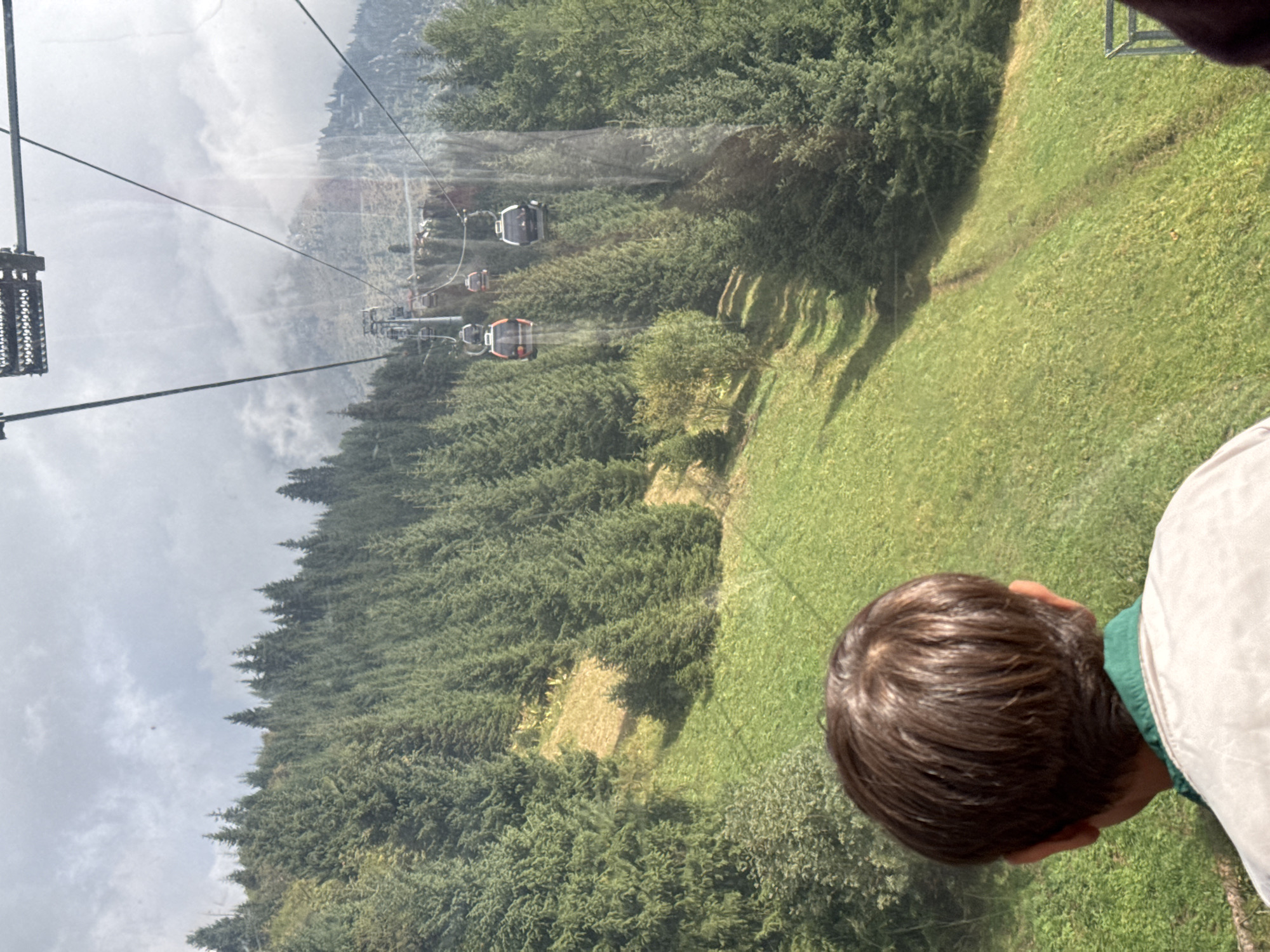 An over-the-shoulder shot shows the back of a young child's head with brown hair, wearing a white jacket with a green collar, as they look out a window. Beyond the child, a cable car ascends a steep, grassy mountain covered with dense pine trees under a cloudy sky. Several cable car cabins are visible on wires stretching across the frame, with two cabins in the foreground and more further up the mountain. The environment is mountainous and heavily forested.