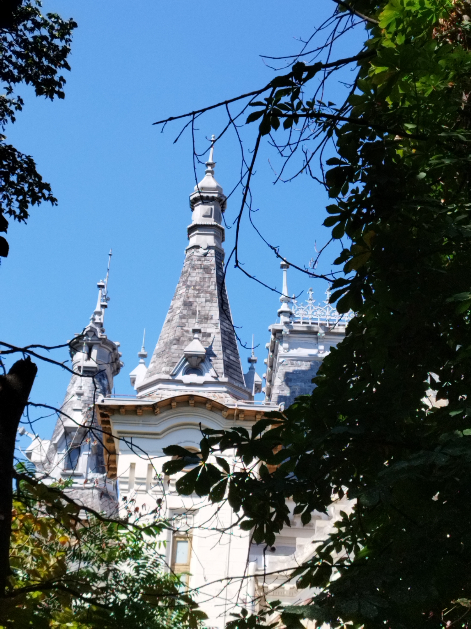 The image shows the turrets of the Cantacuzino Palace, located in Bucharest, Romania, on Calea Victoriei. The palace's ornate architecture is visible, with pointed roofs and decorative elements. The sky is clear blue. Foliage from trees partially obscures the view of the palace, suggesting it is surrounded by greenery. The perspective is from below, looking upwards at the palace structures. There are no people or animals visible in the frame. The overall scene conveys a sense of historical grandeur within an urban park-like setting.