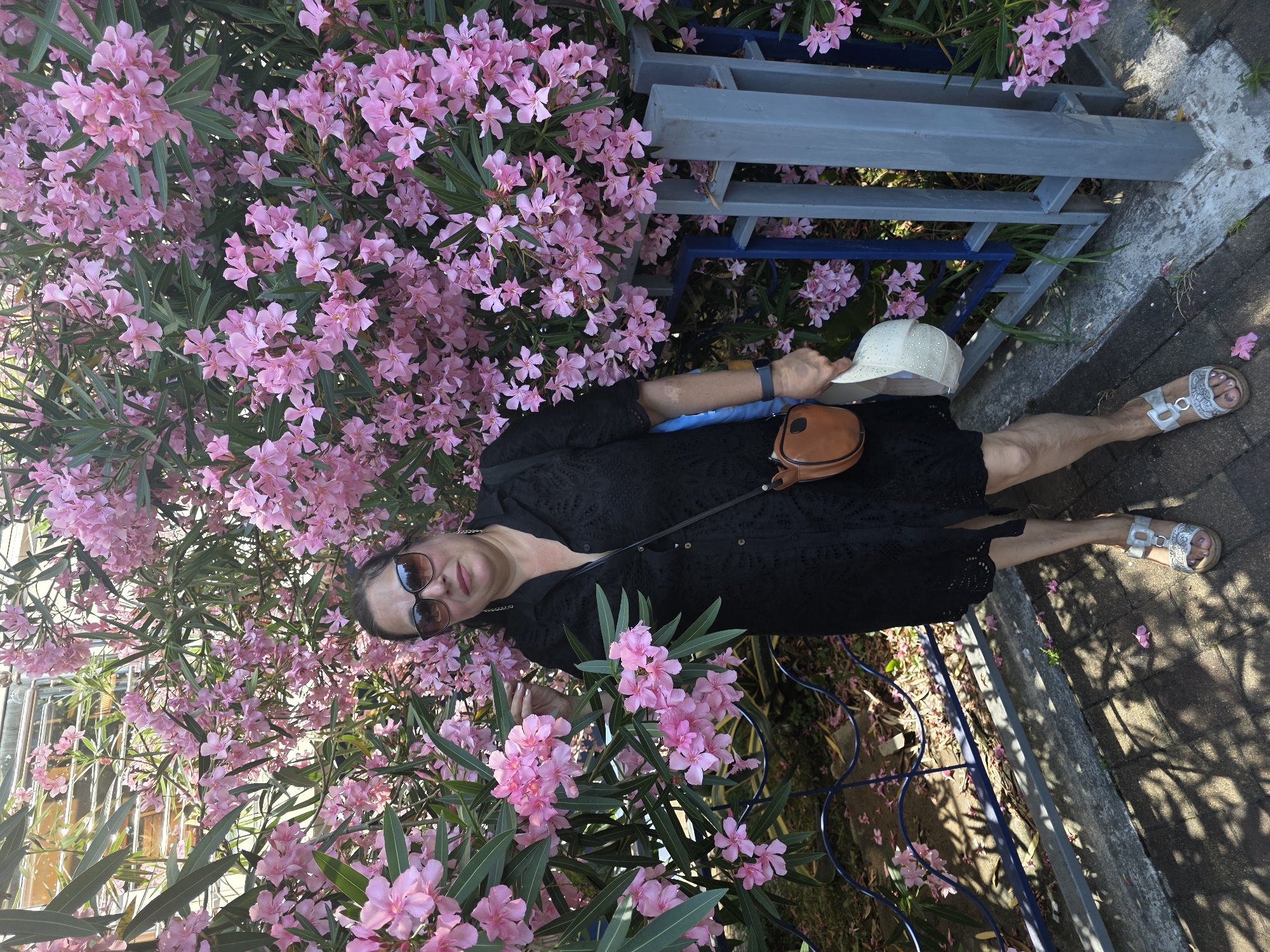 A woman stands in front of a blooming pink oleander bush. She is wearing a black dress, silver sandals, and sunglasses. A brown leather purse is slung over her shoulder, and she holds a white hat in her right hand. The background features a metal fence and a paved walkway, suggesting an outdoor urban setting. The lighting indicates it is daytime.