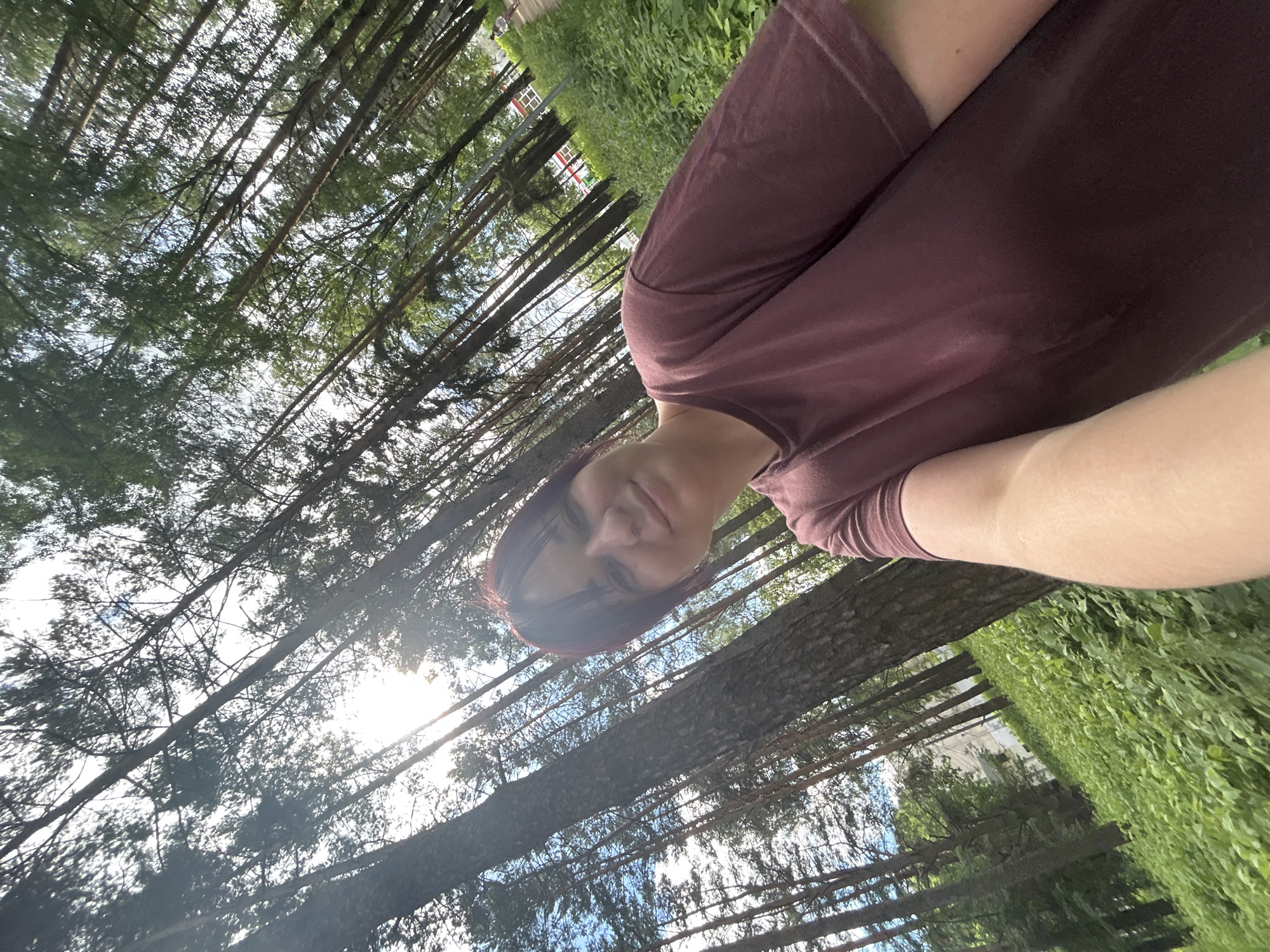 The media file is a self-portrait taken outdoors, featuring a person in the foreground and a natural setting behind them. The person, with short dark hair and red highlights, is looking towards the camera. They are wearing a dark maroon t-shirt. The background is dominated by tall trees with a dense canopy, allowing sunlight to filter through, suggesting a bright, sunny day. The perspective is from a low angle, looking upwards through the trees. To the right of the frame, there is a lush green hedge or dense foliage. In the distance, partially visible through the trees and foliage, are some buildings with white walls and red roofs, hinting at a developed area within or near the natural landscape. The overall scene appears to be a park or forest edge, possibly in Chaikovsky, Russia, given the location context. The lighting suggests it is daytime, likely morning or afternoon due to the angle of the sun. The image is oriented vertically, with the person's head near the bottom of the frame. No visible text is present in the image.