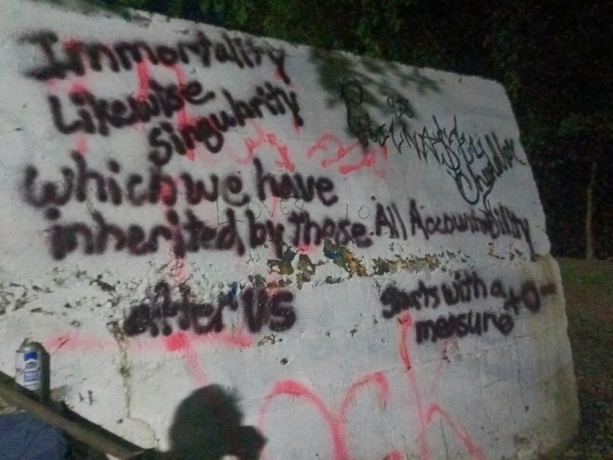 A nighttime photograph captures a white concrete wall heavily adorned with graffiti. The primary text, written in black spray paint, includes phrases such as "Immortality," "Likewise Singularity," "Which we have inherited by These.," "after us," and "All Accountability Starts with a zero-measure." Red spray paint is also visible, used for drips, underlines, and additional, less legible tags and symbols, including what appears to be a heart shape. Overlapping and fainter black graffiti is present, with some parts resembling a tag like "Slank Daddy Chandler." A light-colored spray paint can rests on the ground at the bottom left of the wall, suggesting recent graffiti activity. The background is dark, indicating a nighttime setting, and some vegetation is faintly visible beyond the wall. A dark shadow, possibly from a person, is cast onto the bottom of the wall in the foreground. The scene depicts an outdoor environment, likely in Tahlequah, United States of America.