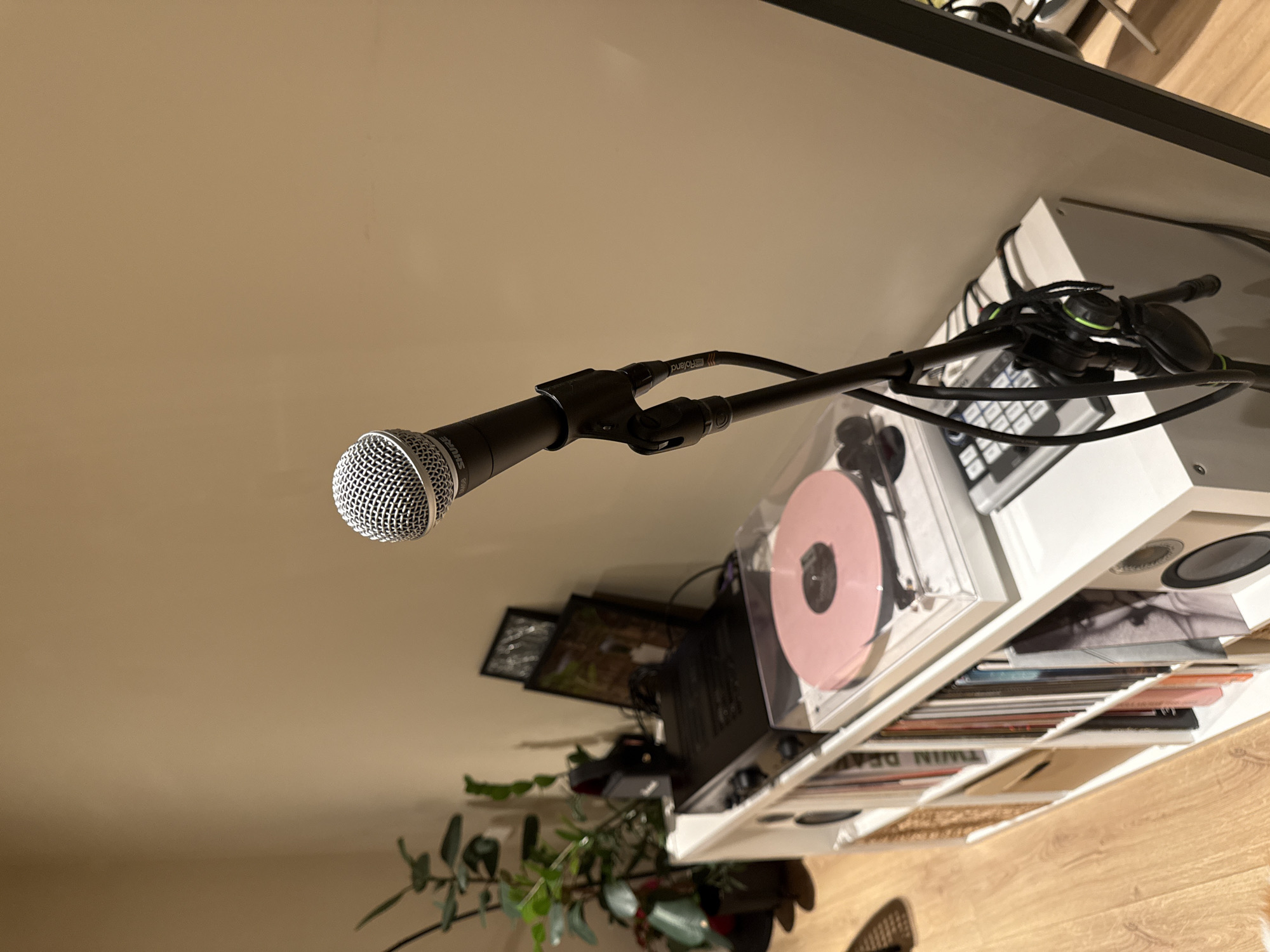 The image shows a Shure SM58 microphone on a boom arm, pointed towards the viewer. The microphone is in focus. Behind the microphone is a white shelving unit filled with records, a record player with a pink vinyl record, and a keyboard. There is also a plant in the lower left corner of the image. The image has a warm tone, and the background is a light beige color. The location is not discernable from the image, and therefore, the city of Barcelona, Spain cannot be confirmed.
