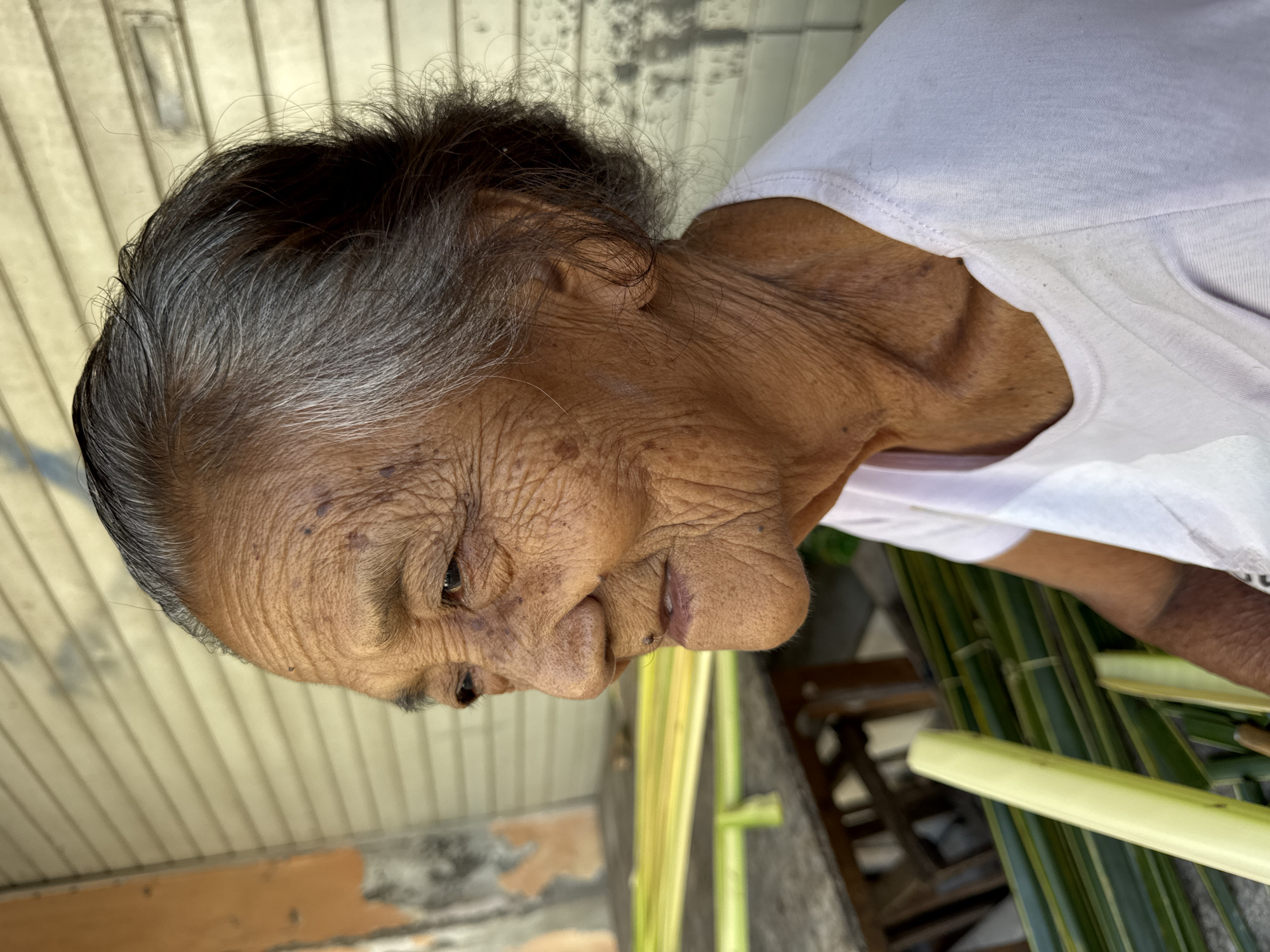 The image shows an elderly Asian woman with wrinkled skin and graying hair. She is wearing a white shirt and is positioned in front of a background consisting of corrugated metal siding and some weathered concrete. In the foreground, there are several green palm fronds. Given the mention of Kuta, Indonesia, it's plausible the scene is located in this area, but there's no inherent information in the image that explicitly indicates this.