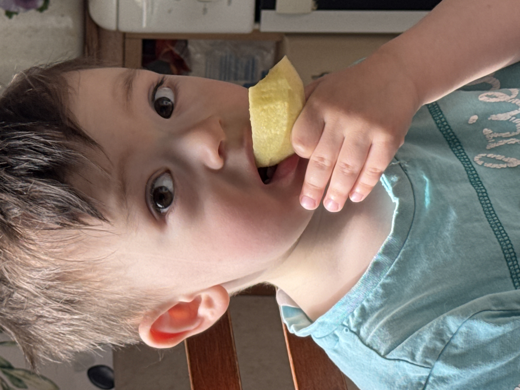 The image, presented with a sideways orientation (rotated 90 degrees counter-clockwise), features a close-up portrait of a young child, likely a toddler or preschooler, in an indoor setting. The child has light brown, slightly messy hair and wide, dark brown eyes that are looking directly at the camera with an expressive and curious gaze.
The child is wearing a light blue t-shirt with some faint, indistinct white lettering visible on the chest area. They are actively eating a piece of light yellow fruit or vegetable, possibly a slice of apple or pineapple, holding it to their open mouth with their right hand. The child's cheeks appear slightly rosy.
The background is softly blurred, creating a shallow depth of field that keeps the focus on the child. Visible elements in the background include parts of what appears to be wooden furniture, possibly a chair, and a light-colored surface or appliance. The lighting is soft and natural, suggesting it is daytime. The overall impression is one of candidness and childhood curiosity. The location context provided is Izhevsk, Russia.