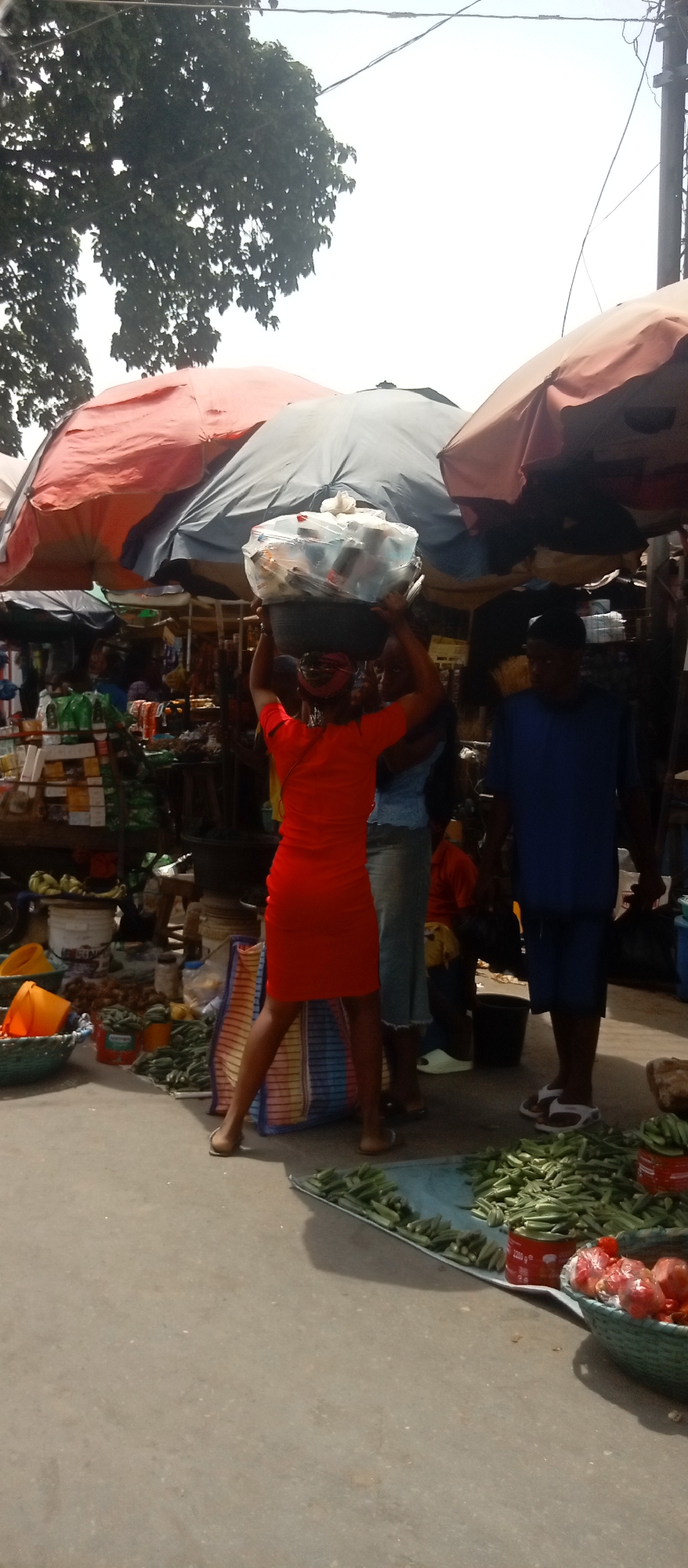 The image depicts a bustling outdoor market scene in Onitsha, Nigeria, under bright daytime conditions. The sky is bright, and large market umbrellas in shades of red, orange, grey, and black are deployed to provide shade over the stalls, suggesting sunny weather.
The central subject is a woman in a vibrant red dress, expertly balancing a large, dark basin filled with various items on her head. The basin contains numerous plastic containers, bottles—one identifiable as a Coca-Cola product—and other packaged goods, all covered with a clear plastic sheet. Her face is mostly obscured by the load, and she appears to be wearing sandals or is barefoot. Another woman in a light blue top and a denim skirt is partially visible standing next to her. On the right, a man in a blue t-shirt and shorts stands, observing the scene. Other figures are visible in the background, contributing to the market's activity.
The ground, a clean concrete surface, displays fresh produce. A significant quantity of green okra is neatly arranged on a blue tarp or mat. Nearby, a green basket holds red produce, likely tomatoes. Several red cans are also visible, one clearly labeled "2200 g," indicating its weight or volume. A striped blue, white, and brown shopping bag rests near the woman in red. In the background, market stalls are laden with various products, including bananas in a white bucket and other packaged goods on shelves. Overhead, tree foliage and utility wires are visible against the bright sky.
The scene portrays typical market activity, with vendors selling goods and people moving through the stalls. The practice of carrying goods on the head is a common traditional method of transport in the region. There are no obvious signs of distress, and the atmosphere appears to be one of normal commerce.