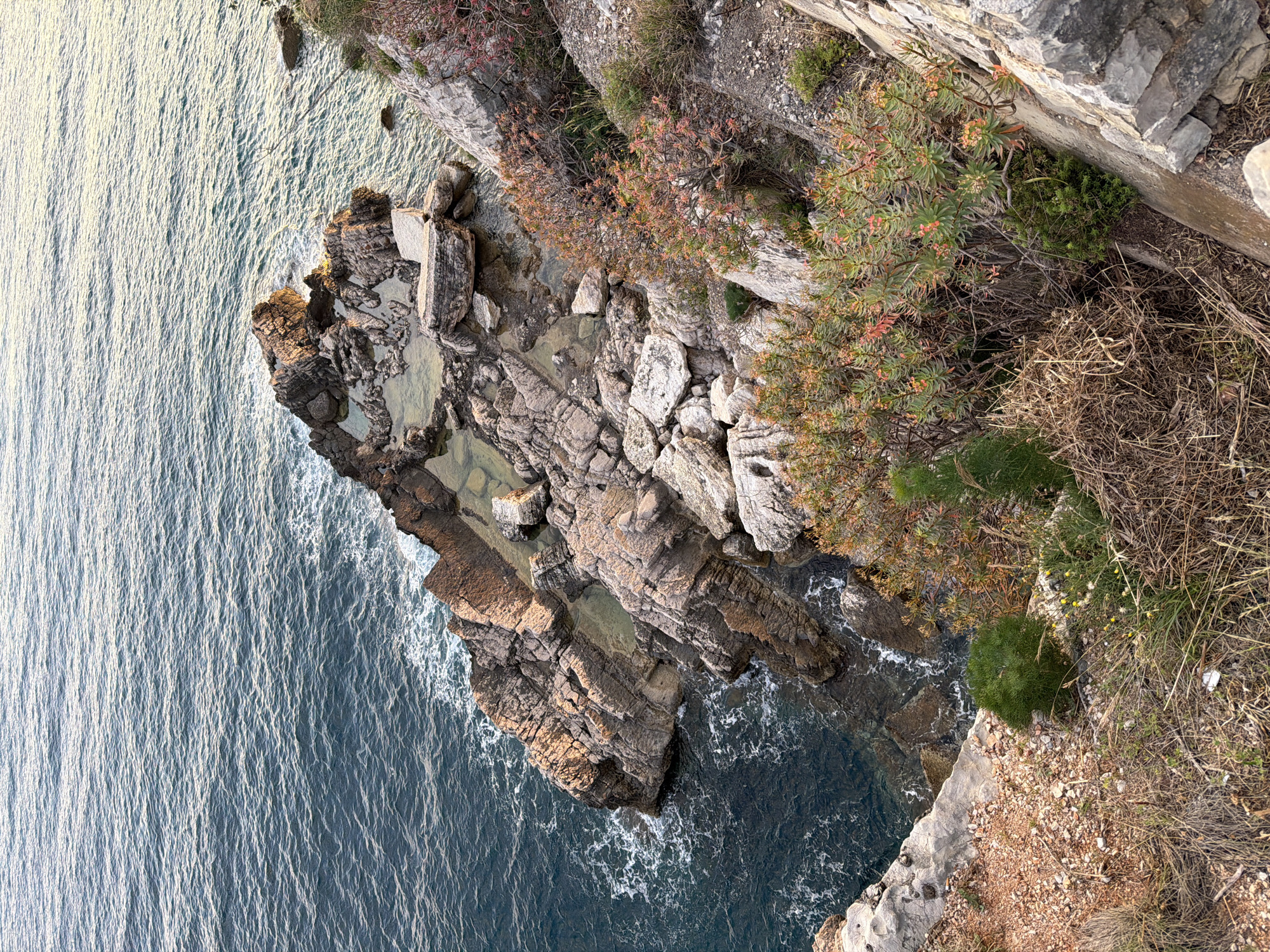 An aerial view captures the rocky shoreline of Mirište, Montenegro, where jagged cliffs meet the Adriatic Sea. Clear water pools within the craggy rock formations. Vegetation clings to the land, ranging from dense shrubs to dry grasses near the cliff's edge. The image reveals the natural texture and color of the coastline. The sea is calm.