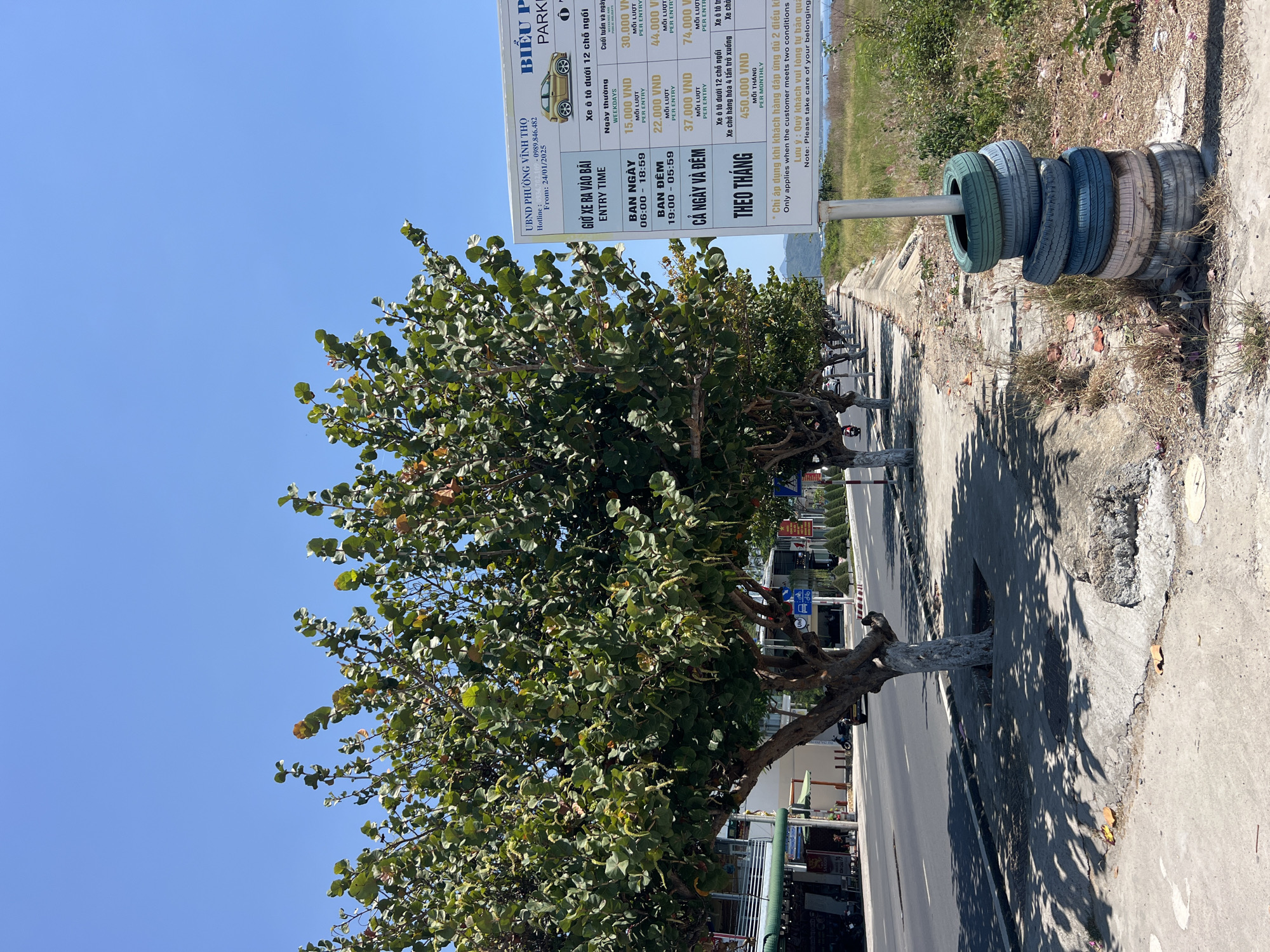 The image depicts a parking rate sign in Nha Trang, Vietnam. The sign outlines parking fees for cars with fewer than 12 seats, including weekday rates, weekend rates, and rates for both day and night. It also lists a monthly rate for cars with fewer than 12 seats or cargo trucks under 4 tons. The sign is placed beside a tree-lined street with cars parked along the curb. The tree trunks are painted white. Tires are stacked around the signpost. The sky is clear and blue. In the background, some vegetation can be seen.