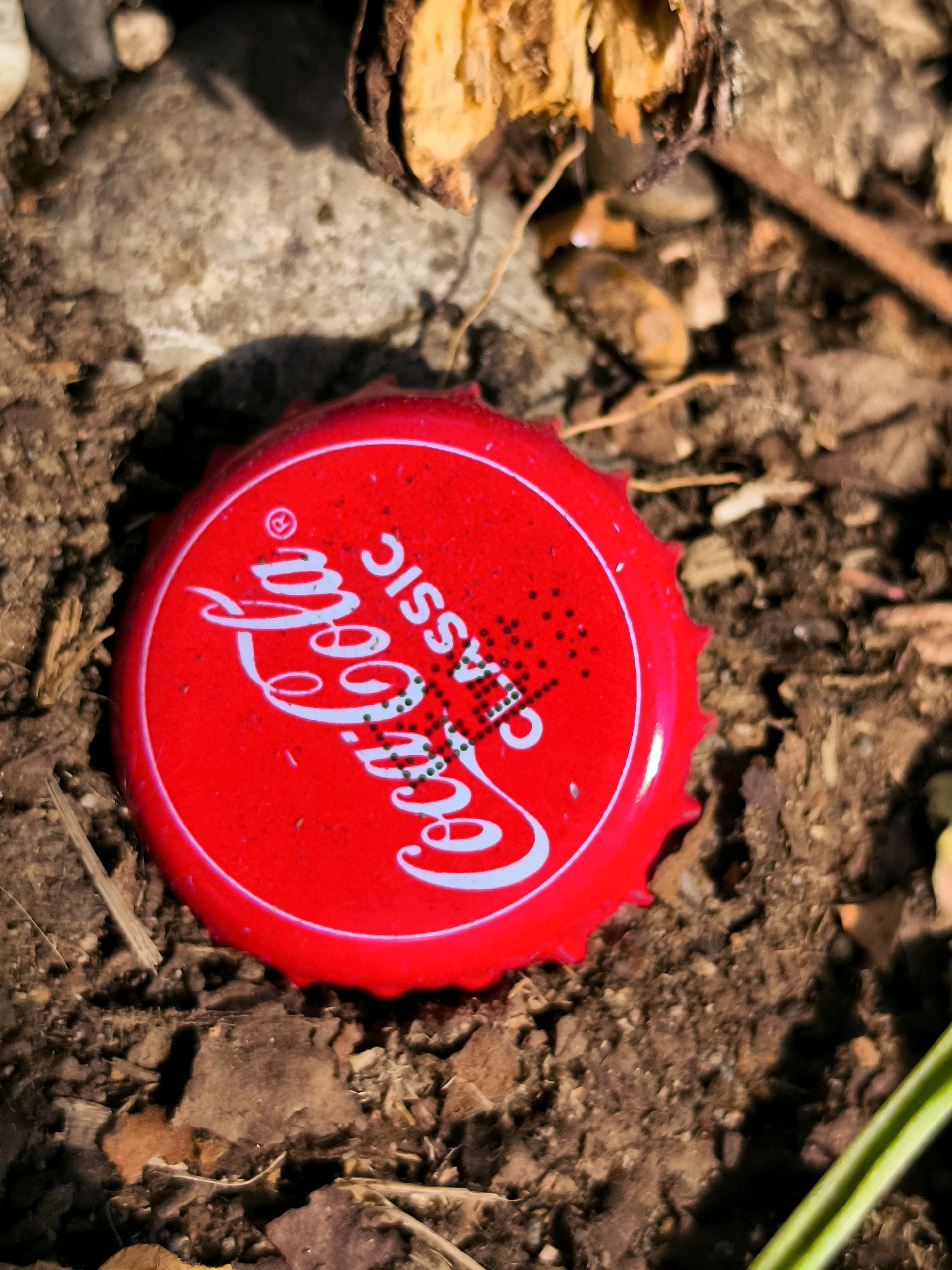 A close-up, overhead shot shows a red Coca-Cola bottle cap lying on the ground in what appears to be a park or natural area. The cap, featuring the iconic Coca-Cola logo in white script and the word "CLASSIC" in smaller white text, is centrally placed. The surrounding environment consists of dirt, small pebbles, fallen leaves, and some twigs. A piece of broken nut or seed husk is visible in the upper right quadrant. The lighting suggests an outdoor setting, possibly during daylight. The specific location in Batumi, Georgia, is not discernible from the visual information provided in the image.
